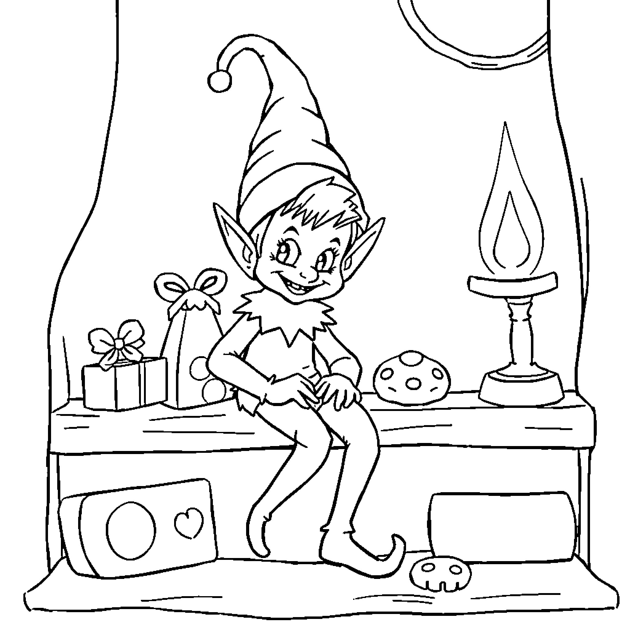 Elf preparing for a festive celebration Coloring Page (free black-and-white line drawing printable PDF for all, from beginners to advanced learners, including children, teens, adults, and seniors)