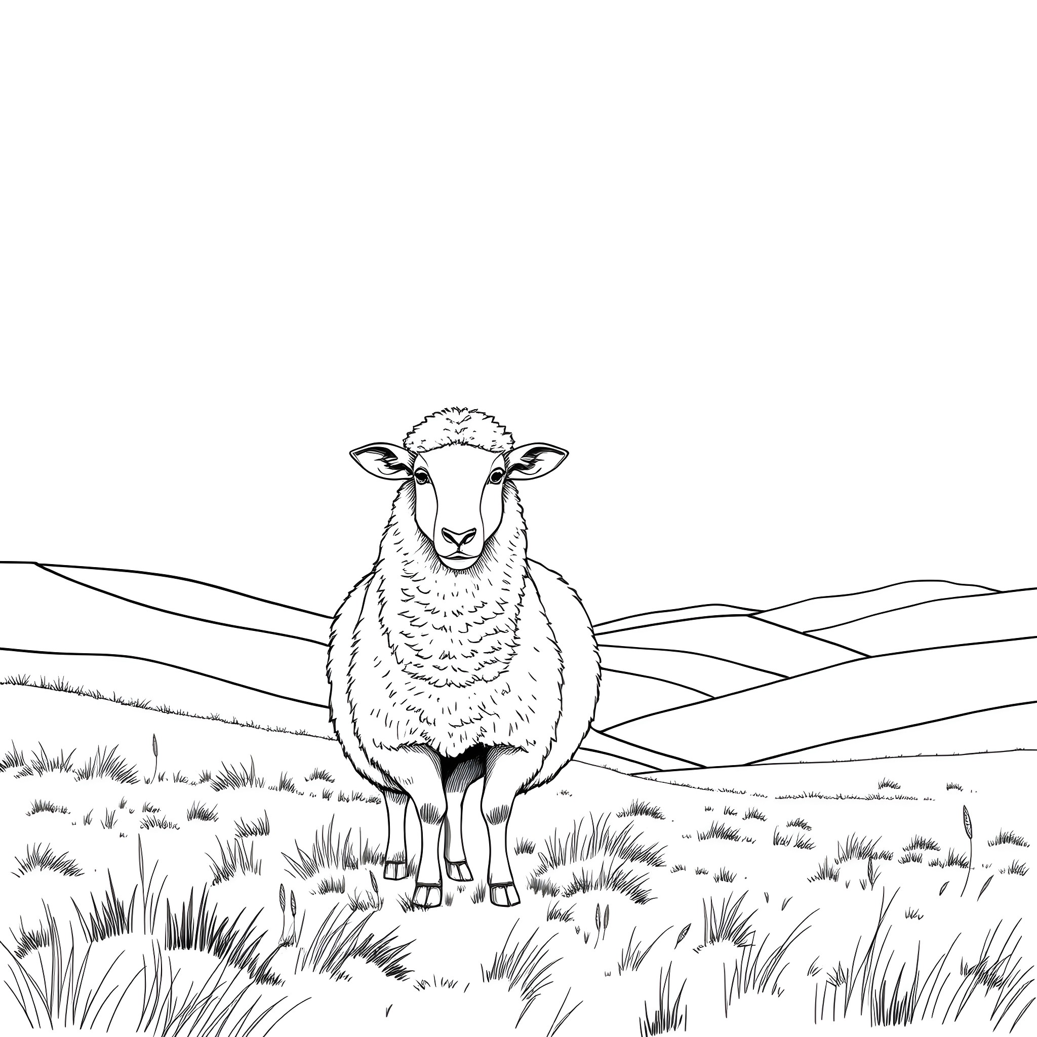 Sheep standing in a grassy field Coloring Page (free black-and-white line drawing printable PDF for all, from beginners to advanced learners, including children, teens, adults, and seniors)