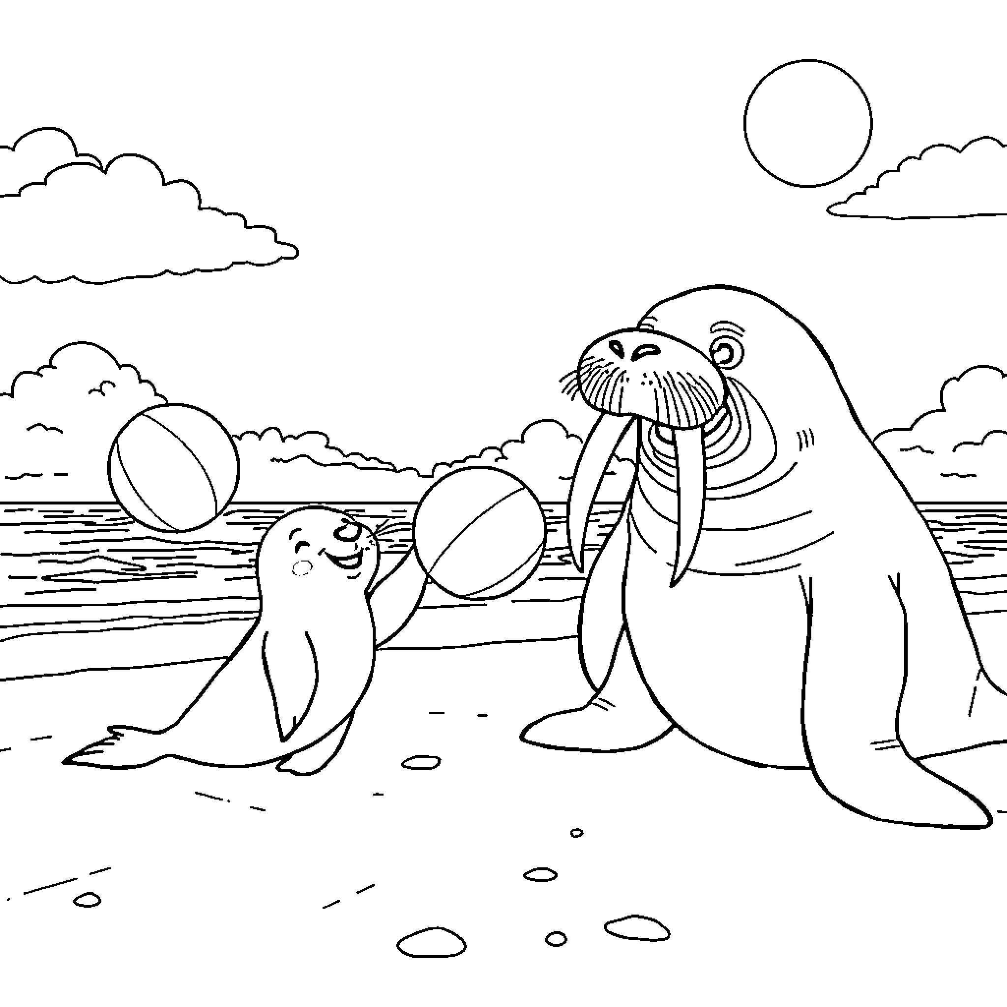 Seal family playing on the beach Coloring Page (free black-and-white line drawing printable PDF for all, from beginners to advanced learners, including children, teens, adults, and seniors)