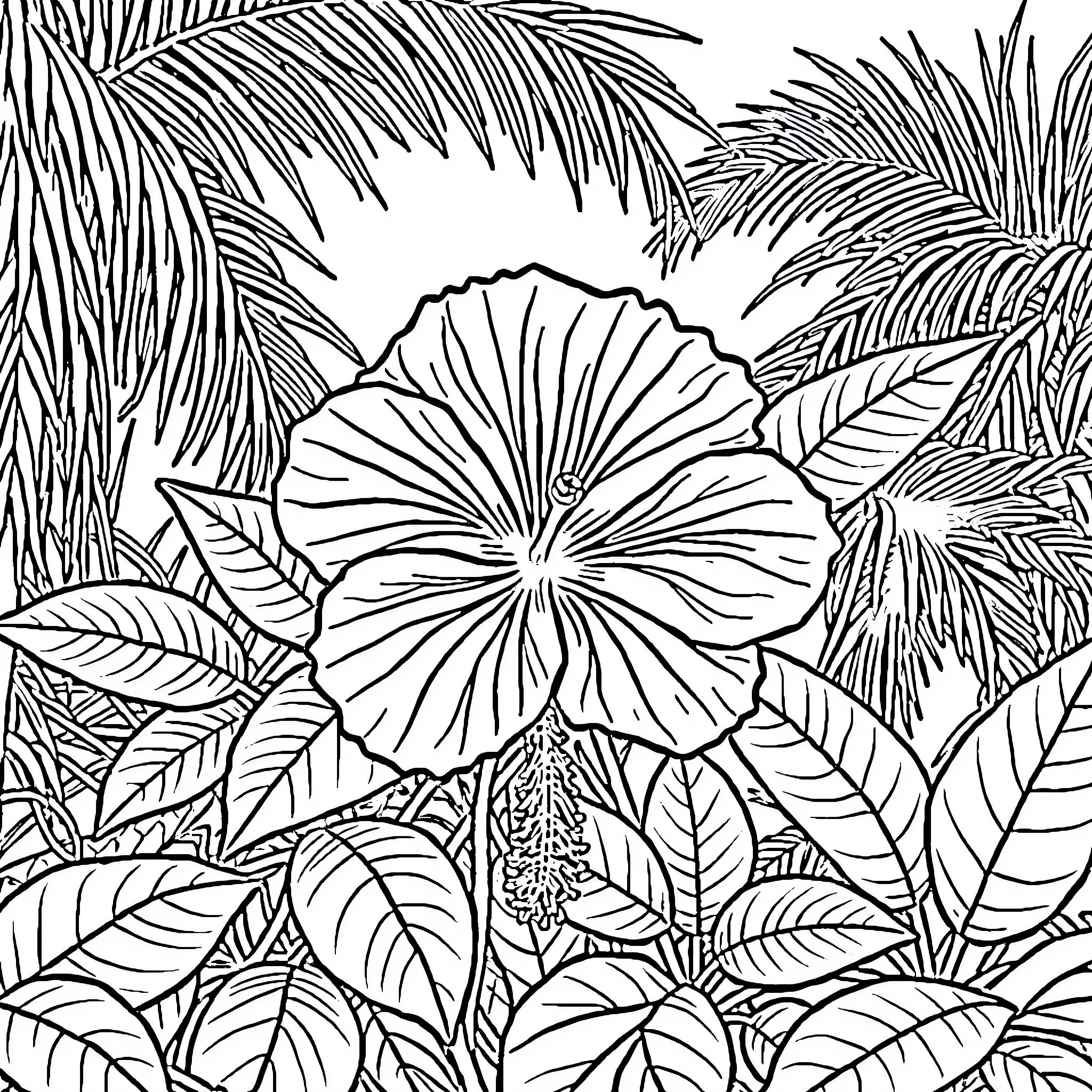 Hibiscus amidst tropical foliage Coloring Page (free black-and-white line drawing printable PDF for all, from beginners to advanced learners, including children, teens, adults, and seniors)