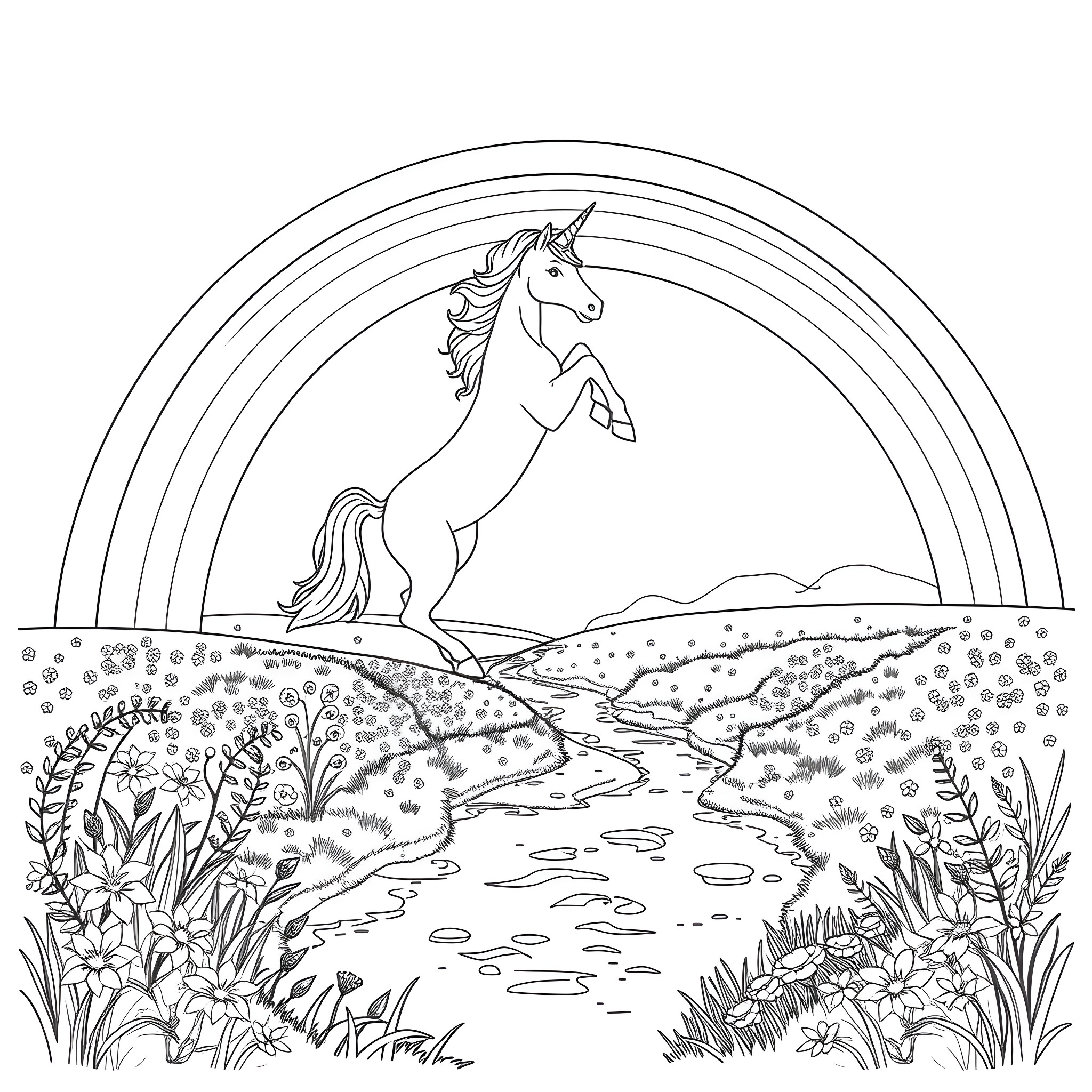 Unicorn standing proudly in the enchanted meadow Coloring Page (free black-and-white line drawing printable PDF for all, from beginners to advanced learners, including children, teens, adults, and seniors)