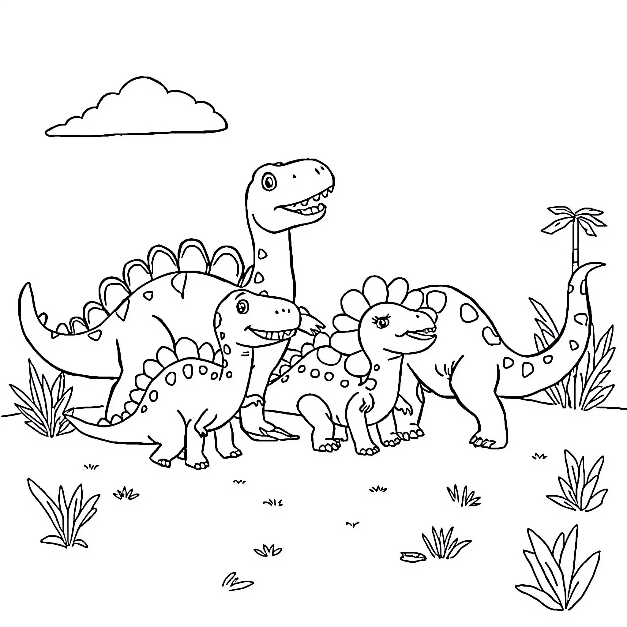 Dino friends exploring the jungle landscape Coloring Page (free black-and-white line drawing printable PDF for all, from beginners to advanced learners, including children, teens, adults, and seniors)