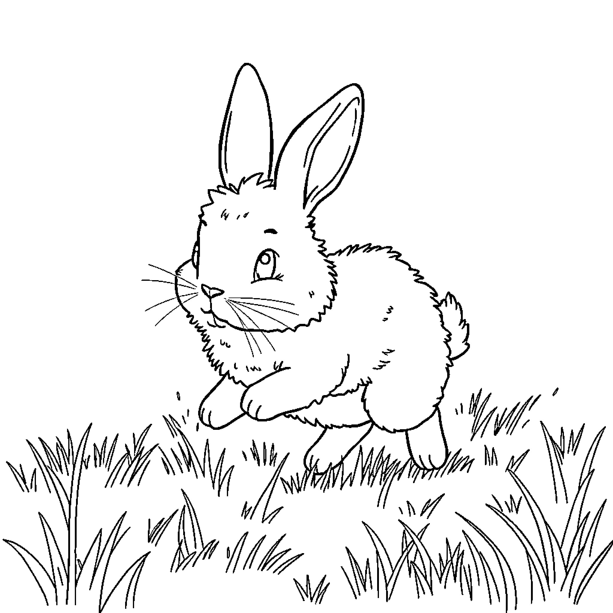 Rabbit sitting in the grass Coloring Page (free black-and-white line drawing printable PDF for all, from beginners to advanced learners, including children, teens, adults, and seniors)