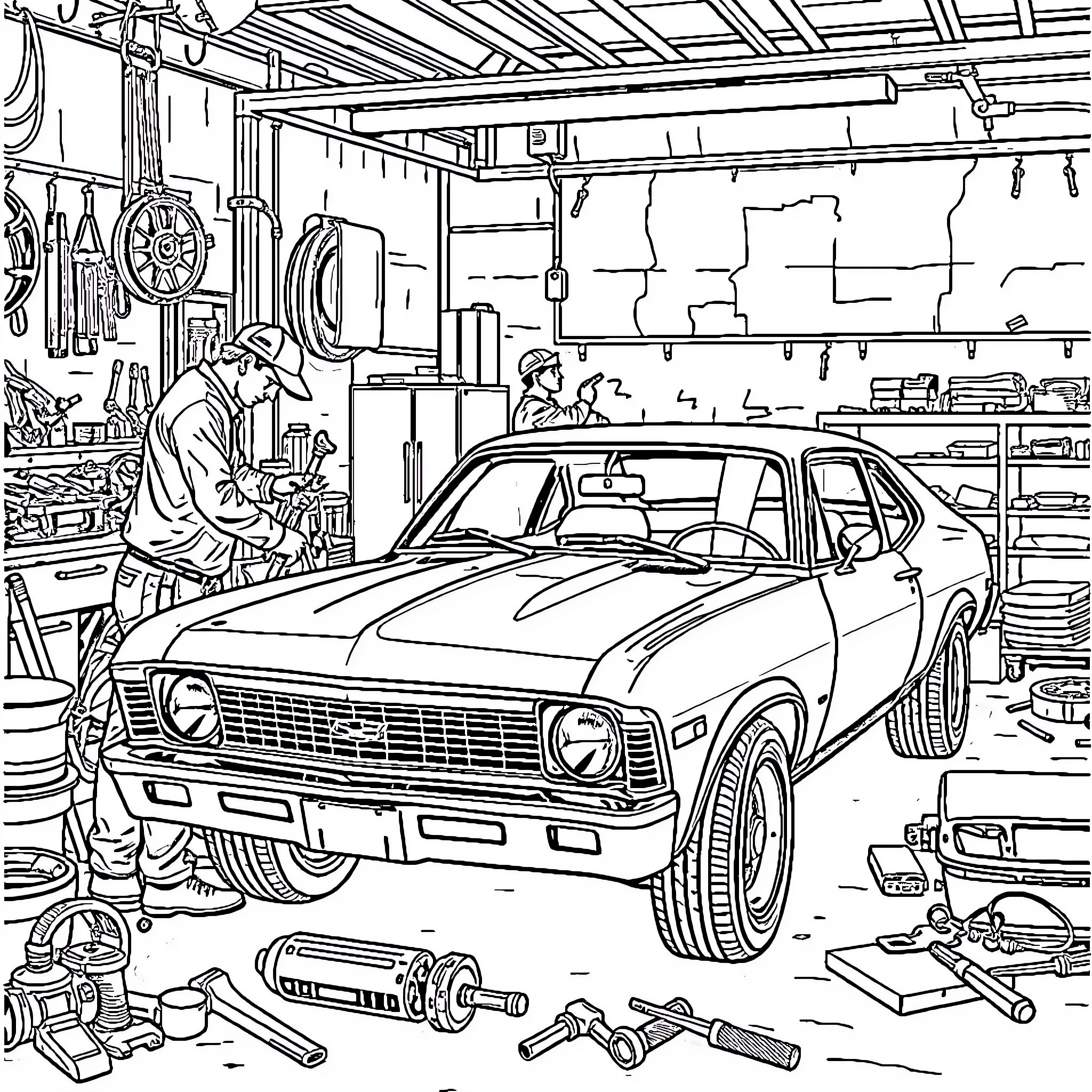 Chevy mechanic working diligently in auto repair shop Coloring Page (free black-and-white line drawing printable PDF for all, from beginners to advanced learners, including children, teens, adults, and seniors)