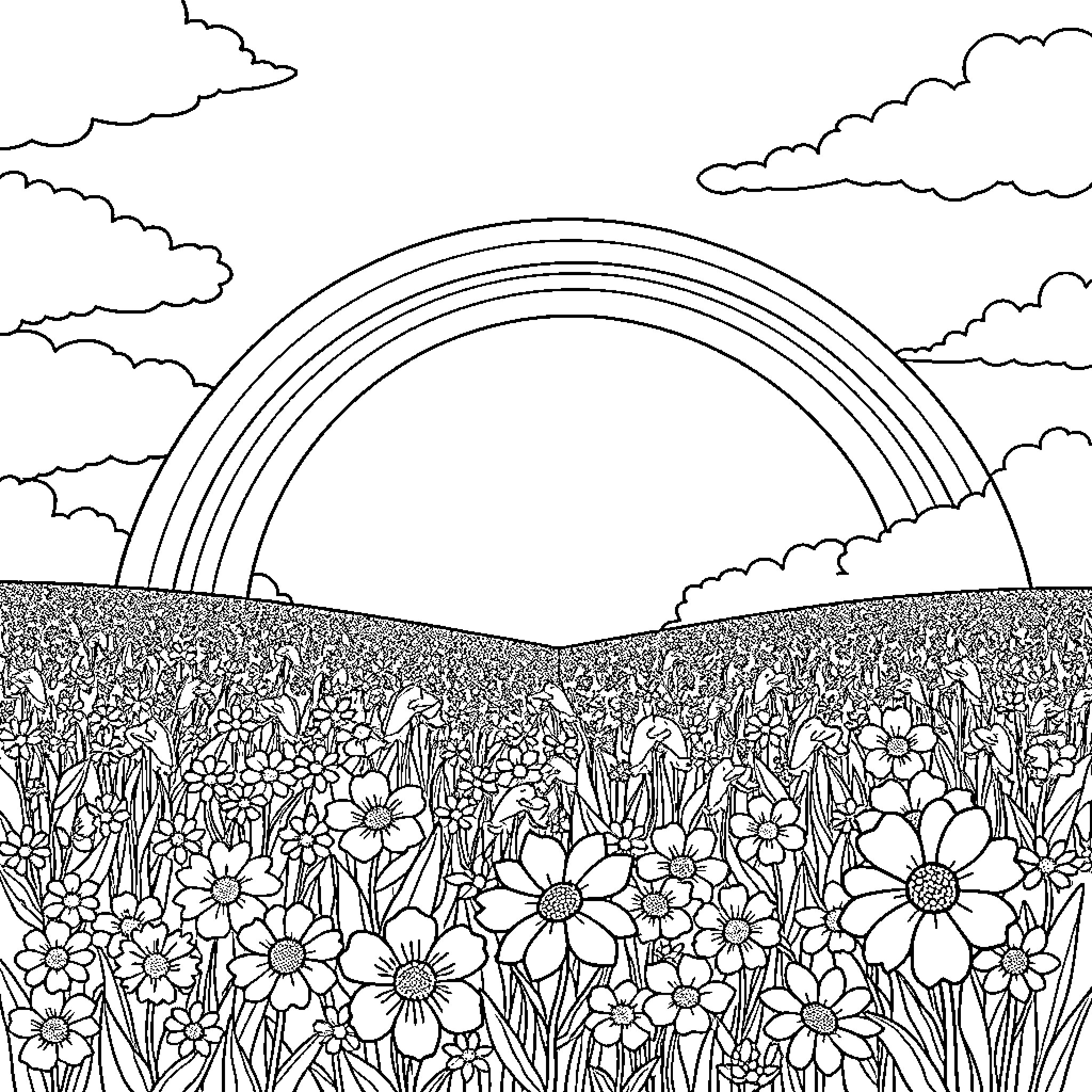 Rainbow over a field of beautiful flowers Coloring Page (free black-and-white line drawing printable PDF for all, from beginners to advanced learners, including children, teens, adults, and seniors)