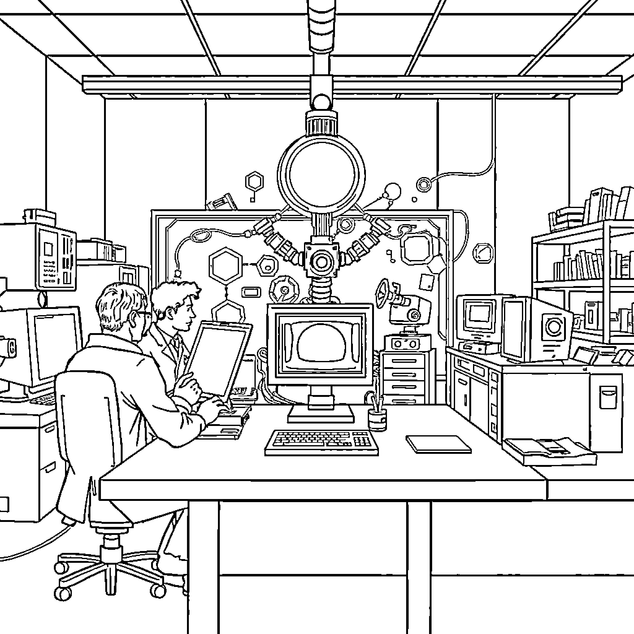 AI Technicians Collaborating in a High-Tech Lab Coloring Page (free black-and-white line drawing printable PDF for all, from beginners to advanced learners, including children, teens, adults, and seniors)
