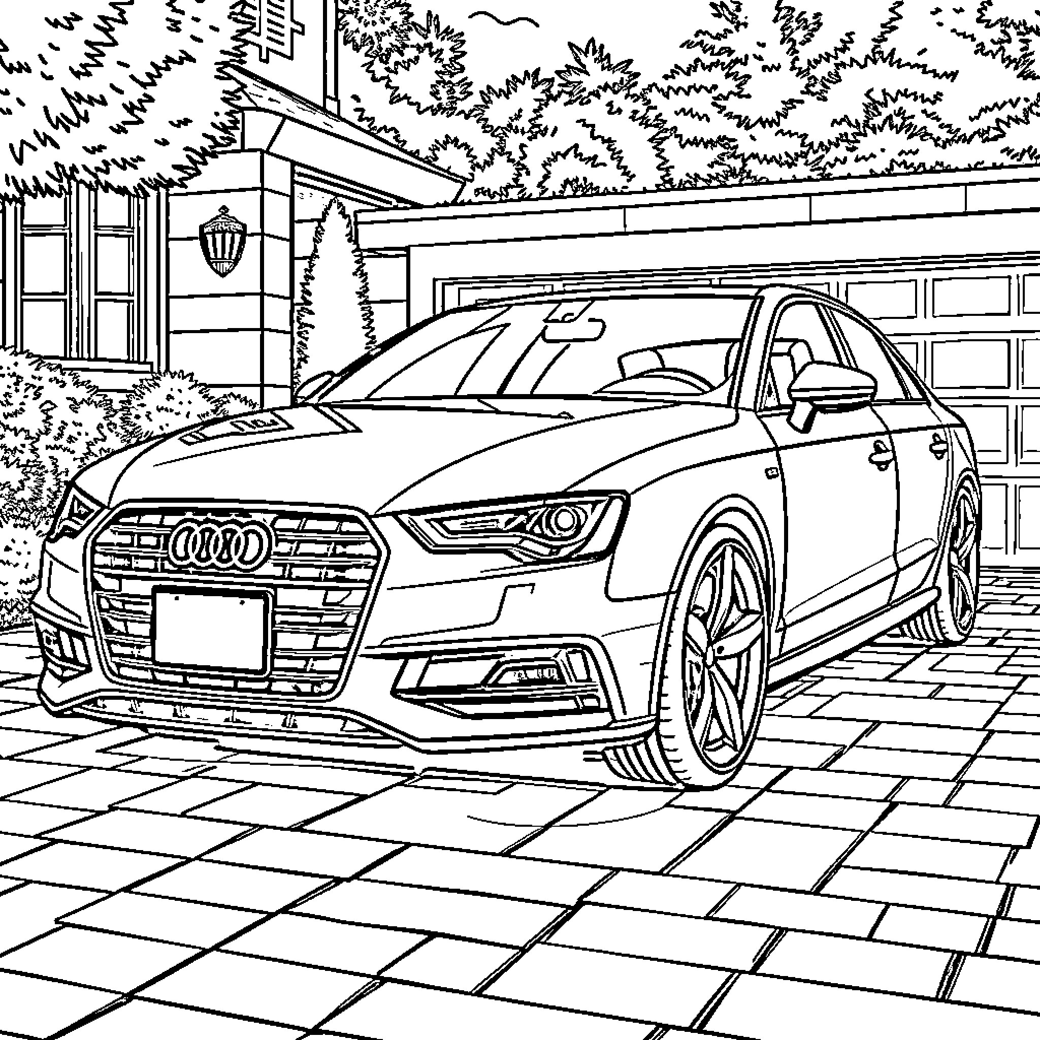 Audi luxury sedan parked in front of residence Coloring Page (free black-and-white line drawing printable PDF for all, from beginners to advanced learners, including children, teens, adults, and seniors)