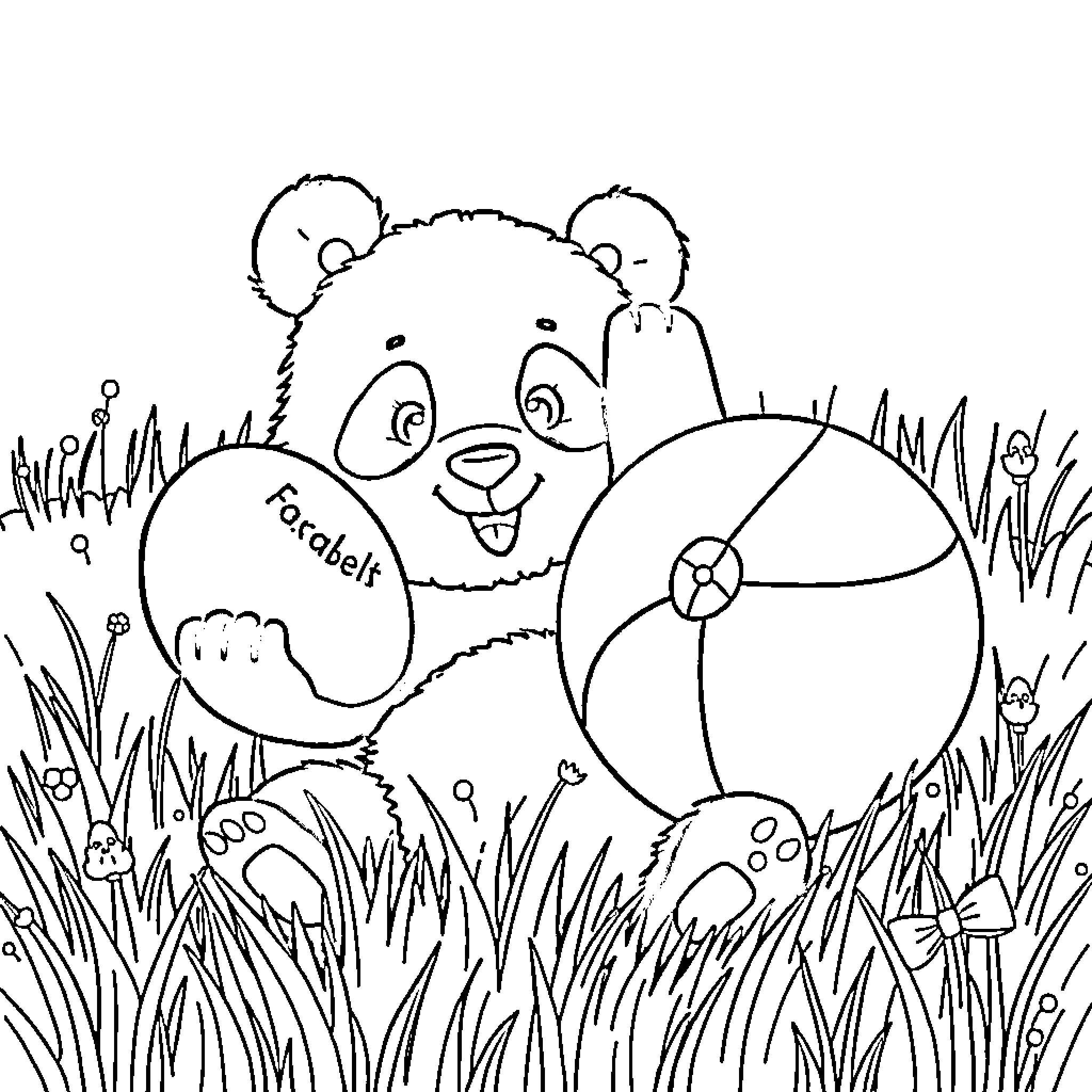 Panda playing with colorful beach ball in meadow Coloring Page (free black-and-white line drawing printable PDF for all, from beginners to advanced learners, including children, teens, adults, and seniors)