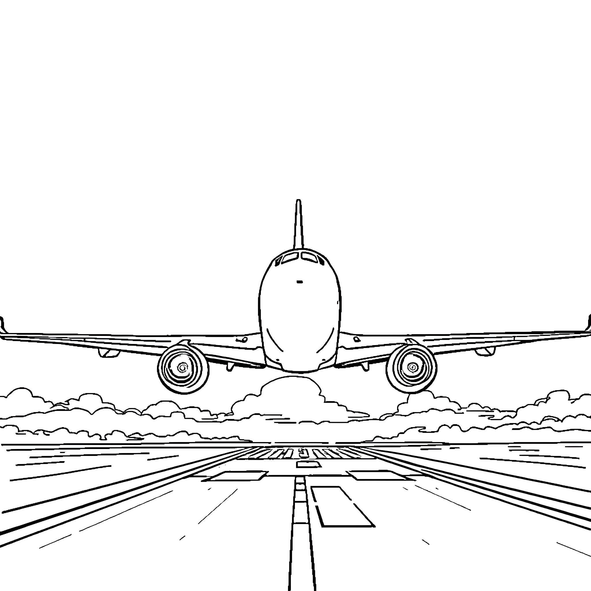 Airplane taking off from runway Coloring Page (free black-and-white line drawing printable PDF for all, from beginners to advanced learners, including children, teens, adults, and seniors)