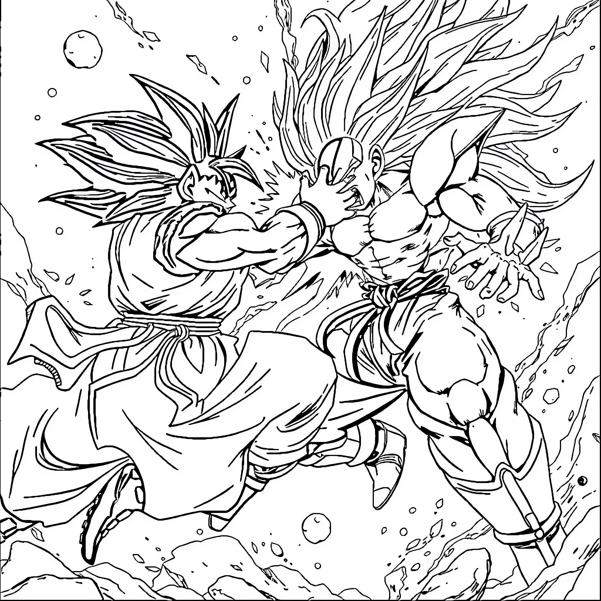 Guko: Intense Battle of Powerful Warriors Coloring Page (free black-and-white line drawing printable PDF for all, from beginners to advanced learners, including children, teens, adults, and seniors)