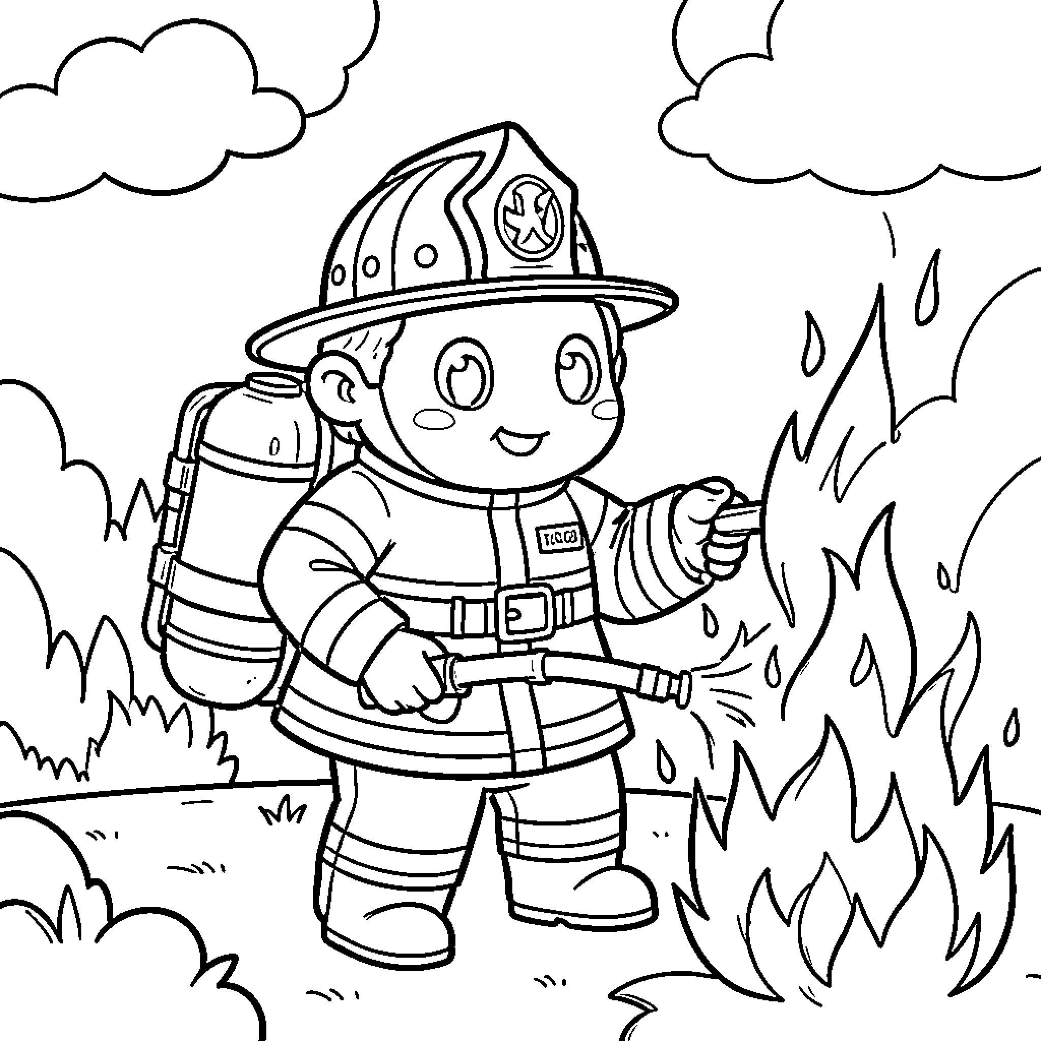 Tchoupi dressed as a firefighter holding a hose Coloring Page (free black-and-white line drawing printable PDF for all, from beginners to advanced learners, including children, teens, adults, and seniors)
