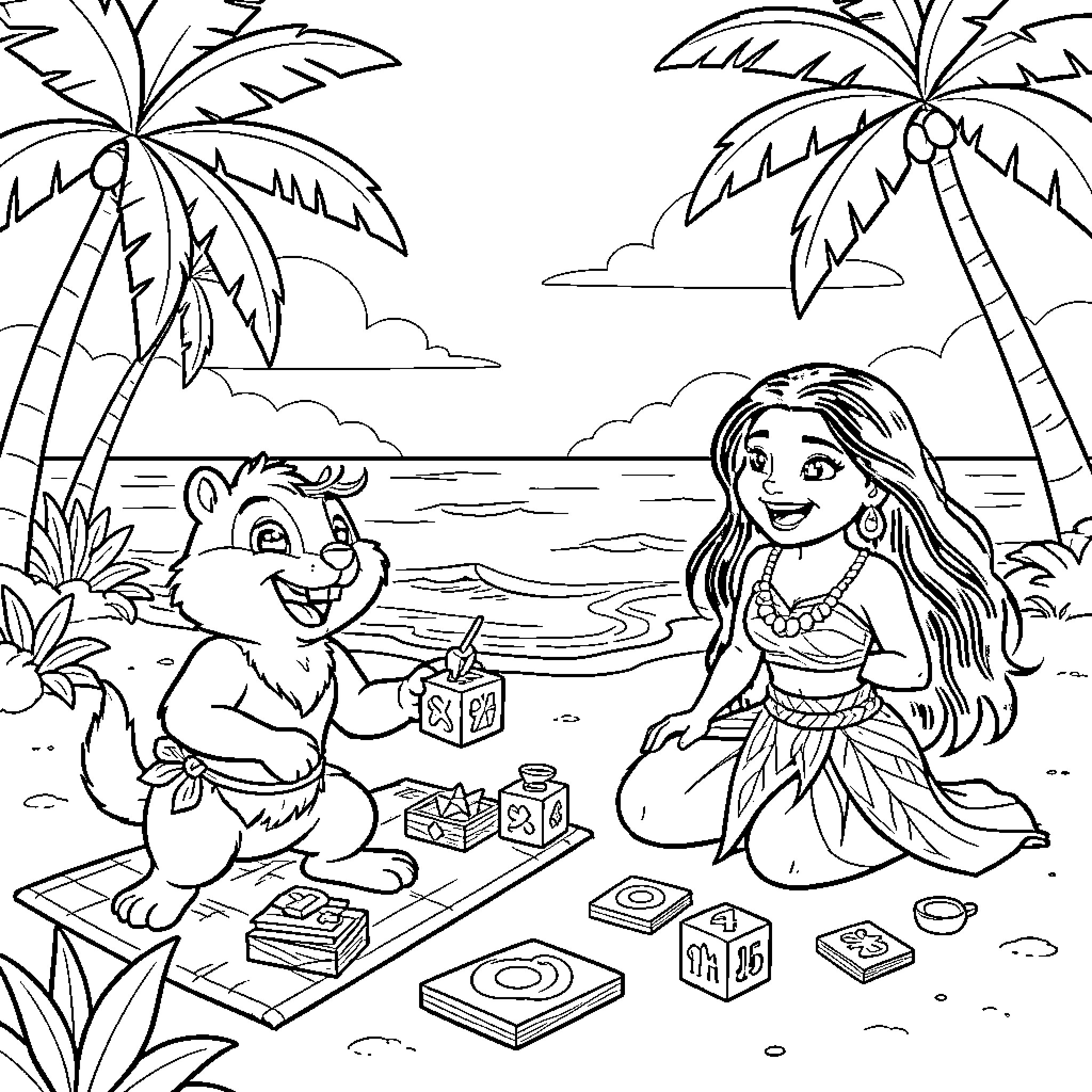 Alvin playing with building blocks on the beach Coloring Page (free black-and-white line drawing printable PDF for all, from beginners to advanced learners, including children, teens, adults, and seniors)