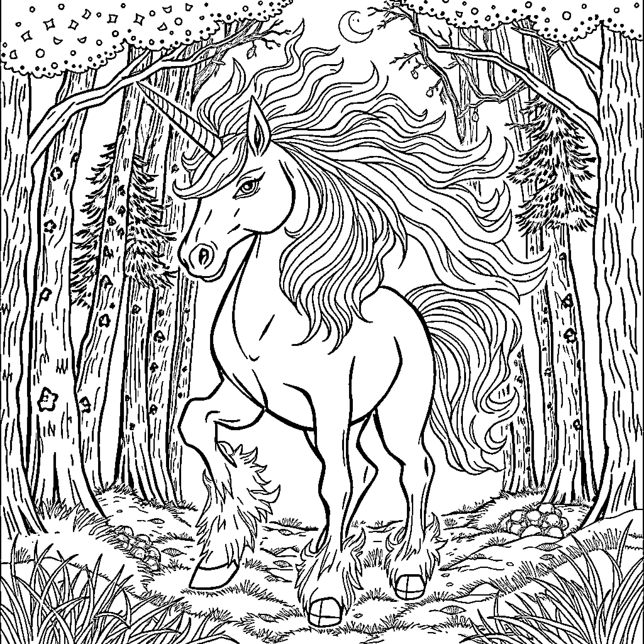 Unicorn standing majestically in a magical forest landscape Coloring Page (free black-and-white line drawing printable PDF for all, from beginners to advanced learners, including children, teens, adults, and seniors)