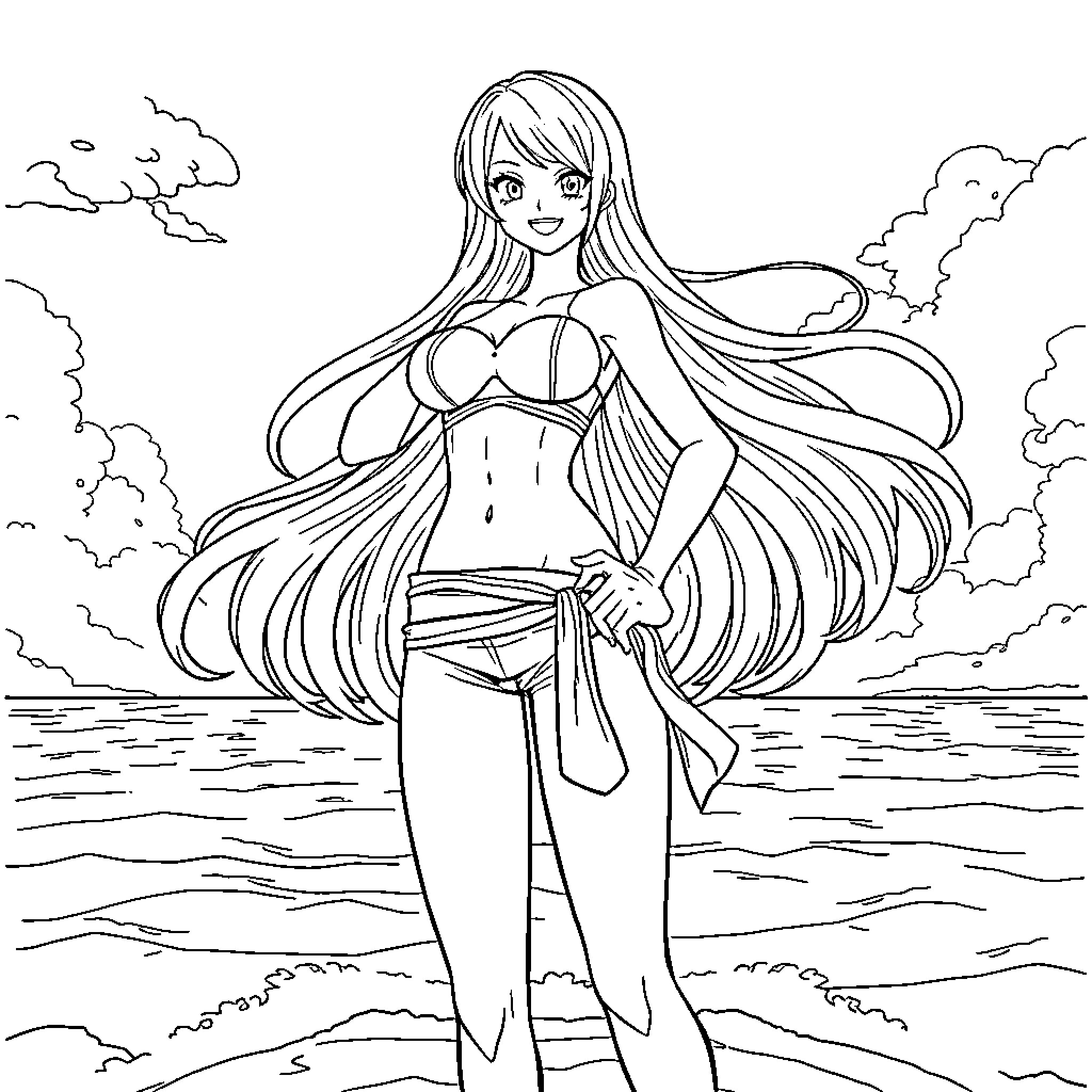 Nami, the Confident Mermaid by the Shores Coloring Page (free black-and-white line drawing printable PDF for all, from beginners to advanced learners, including children, teens, adults, and seniors)