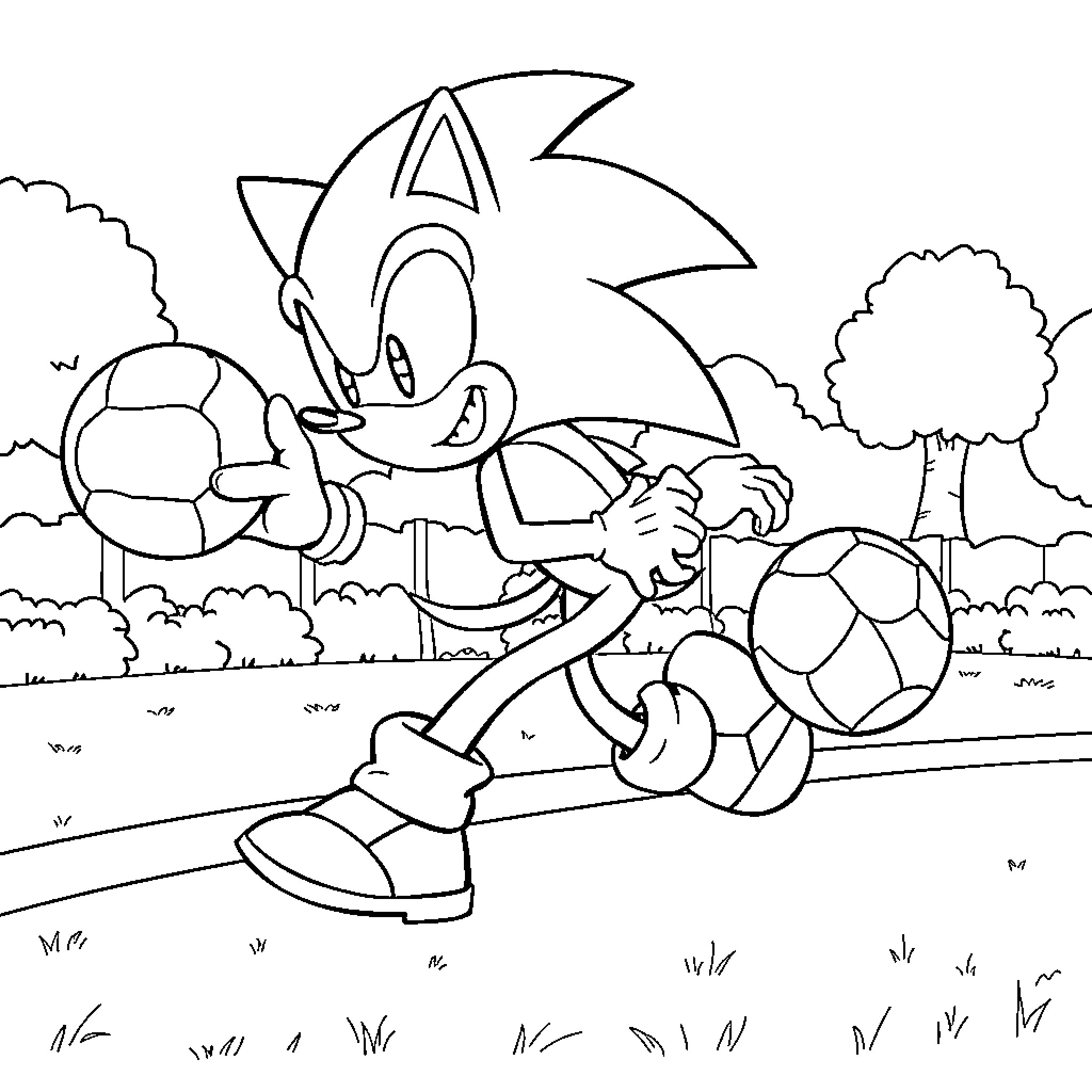 Sonic running with a soccer ball on a field Coloring Page (free black-and-white line drawing printable PDF for all, from beginners to advanced learners, including children, teens, adults, and seniors)