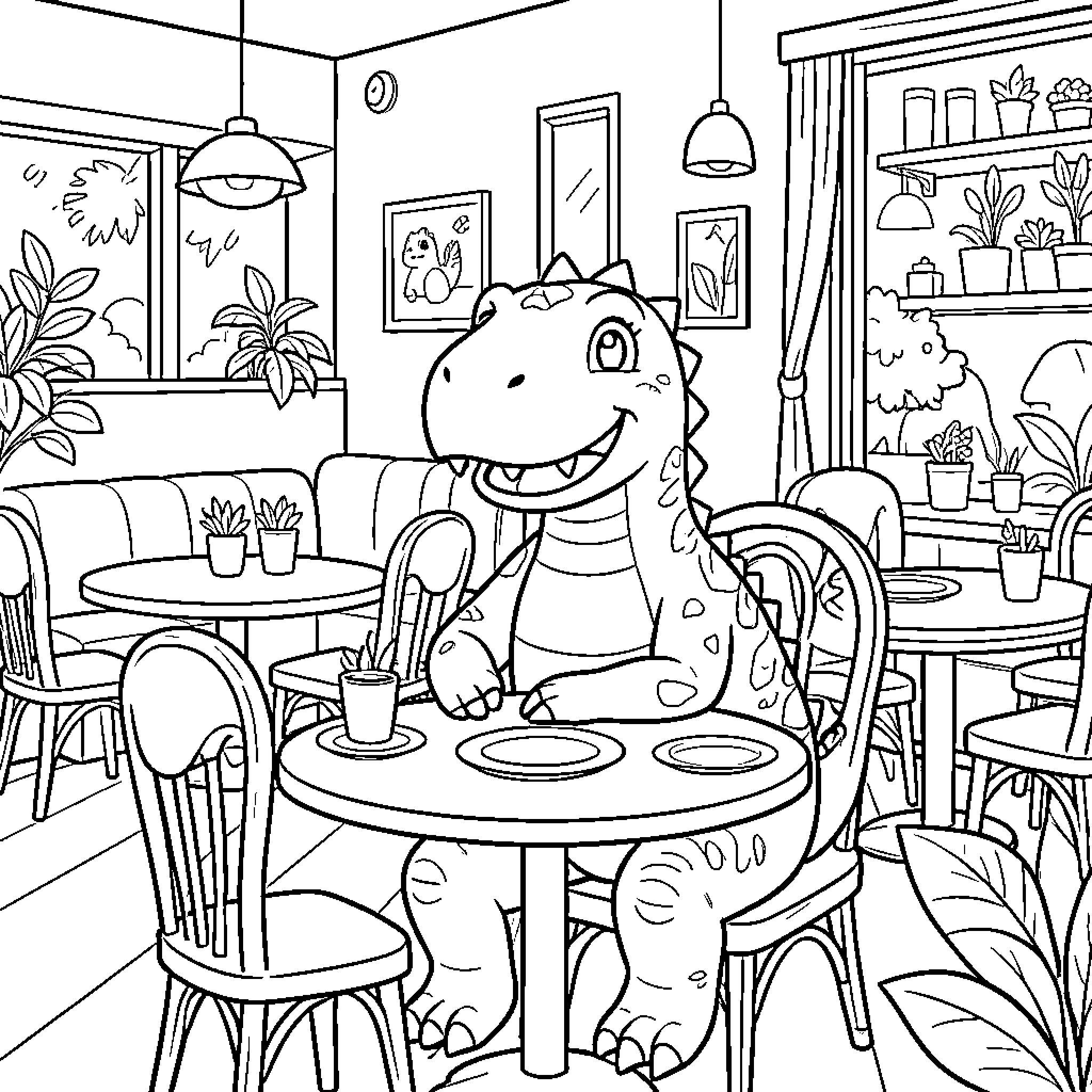 Dinosaur enjoying a cozy cafe setting Coloring Page (free black-and-white line drawing printable PDF for all, from beginners to advanced learners, including children, teens, adults, and seniors)