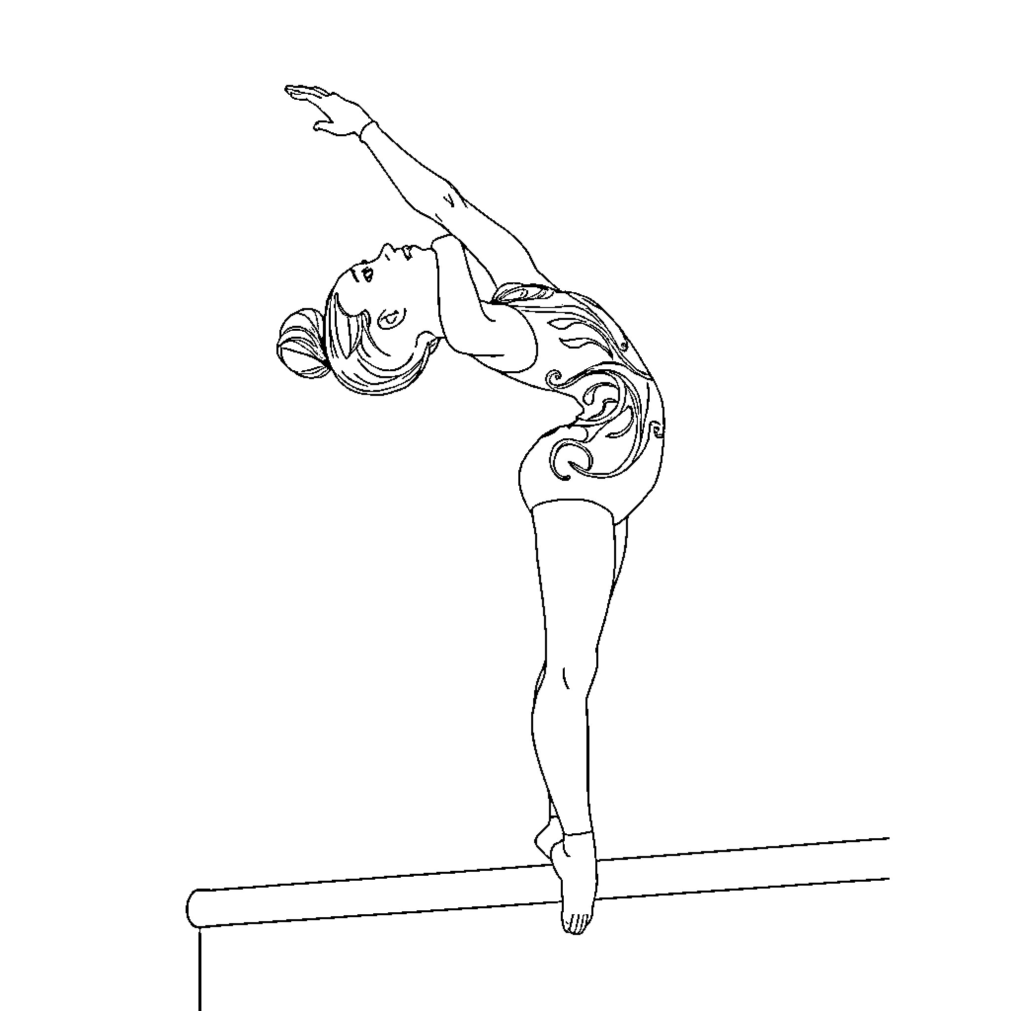 Gymnast performing acrobatic routine on balance beam Coloring Page (free black-and-white line drawing printable PDF for all, from beginners to advanced learners, including children, teens, adults, and seniors)