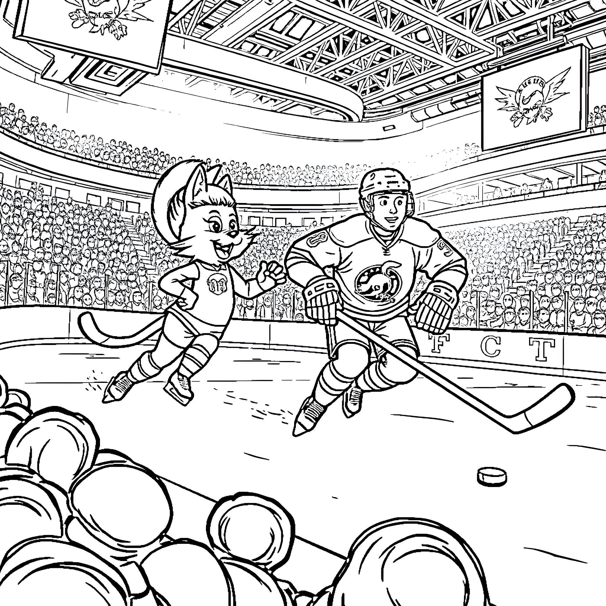 Spartacat Hockey Players Competing on the Ice Coloring Page (free black-and-white line drawing printable PDF for all, from beginners to advanced learners, including children, teens, adults, and seniors)