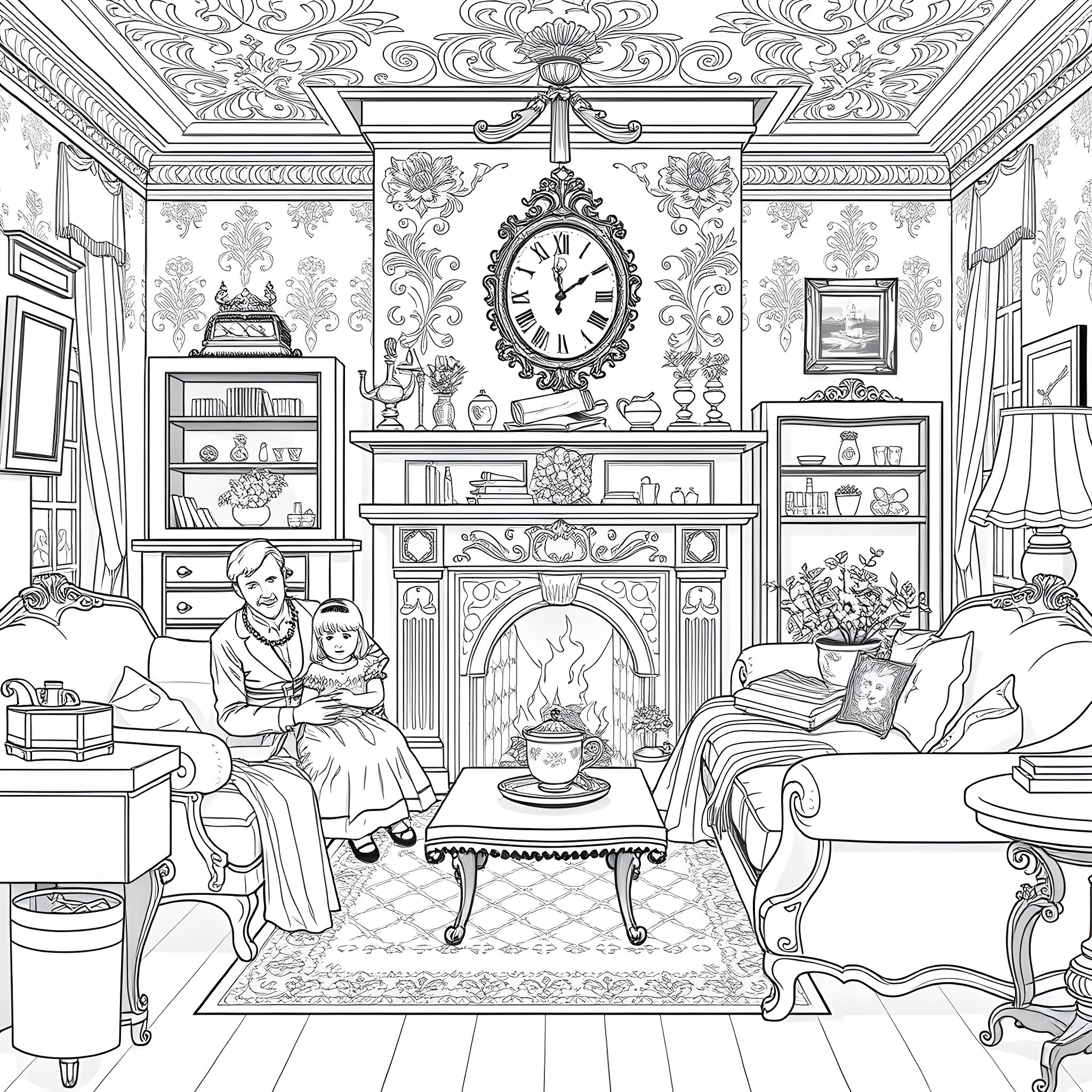 Family Enjoying Cozy Afternoon in Ornate Living Room Coloring Page (free black-and-white line drawing printable PDF for all, from beginners to advanced learners, including children, teens, adults, and seniors)