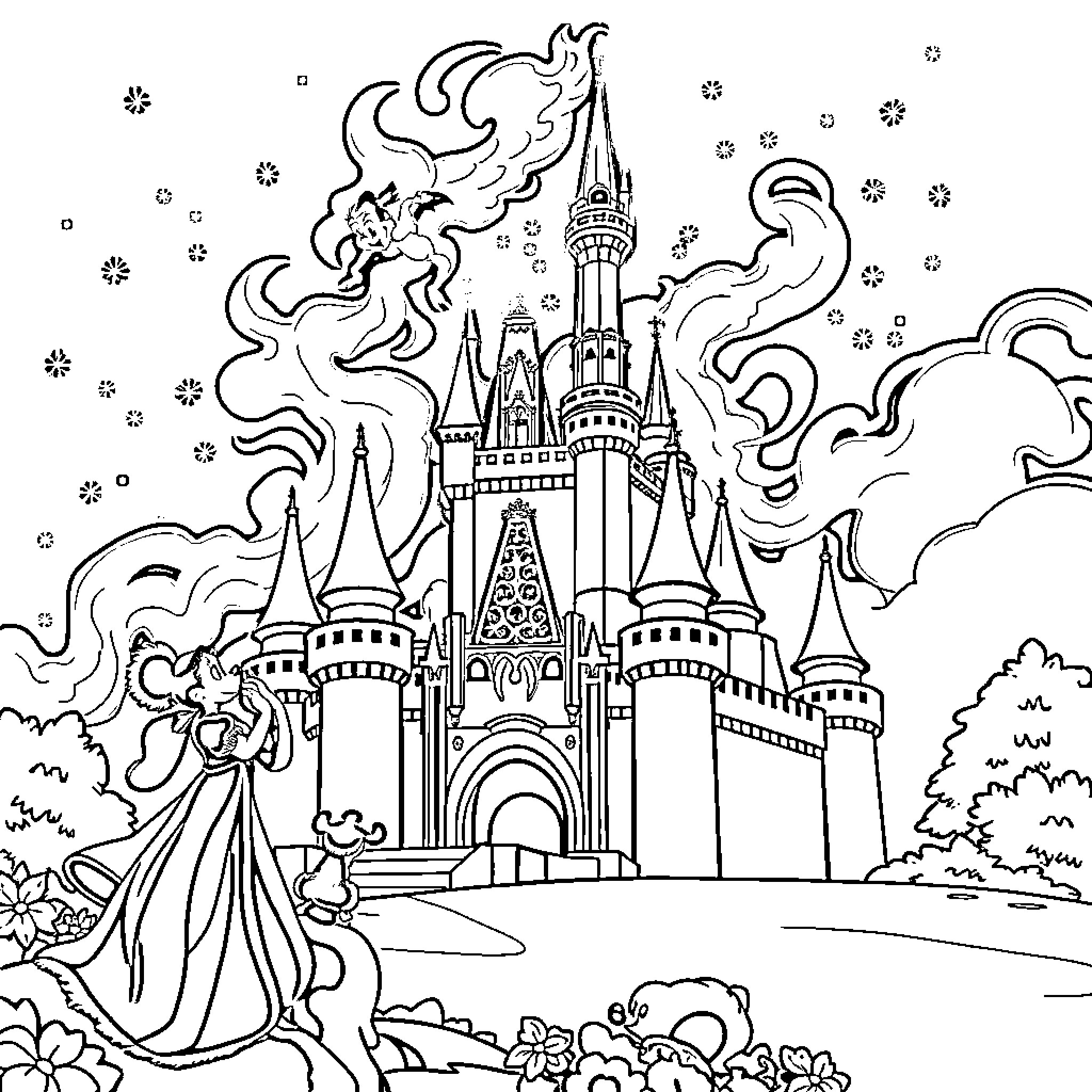 Disney characters enchanted castle in a magical scene Coloring Page (free black-and-white line drawing printable PDF for all, from beginners to advanced learners, including children, teens, adults, and seniors)