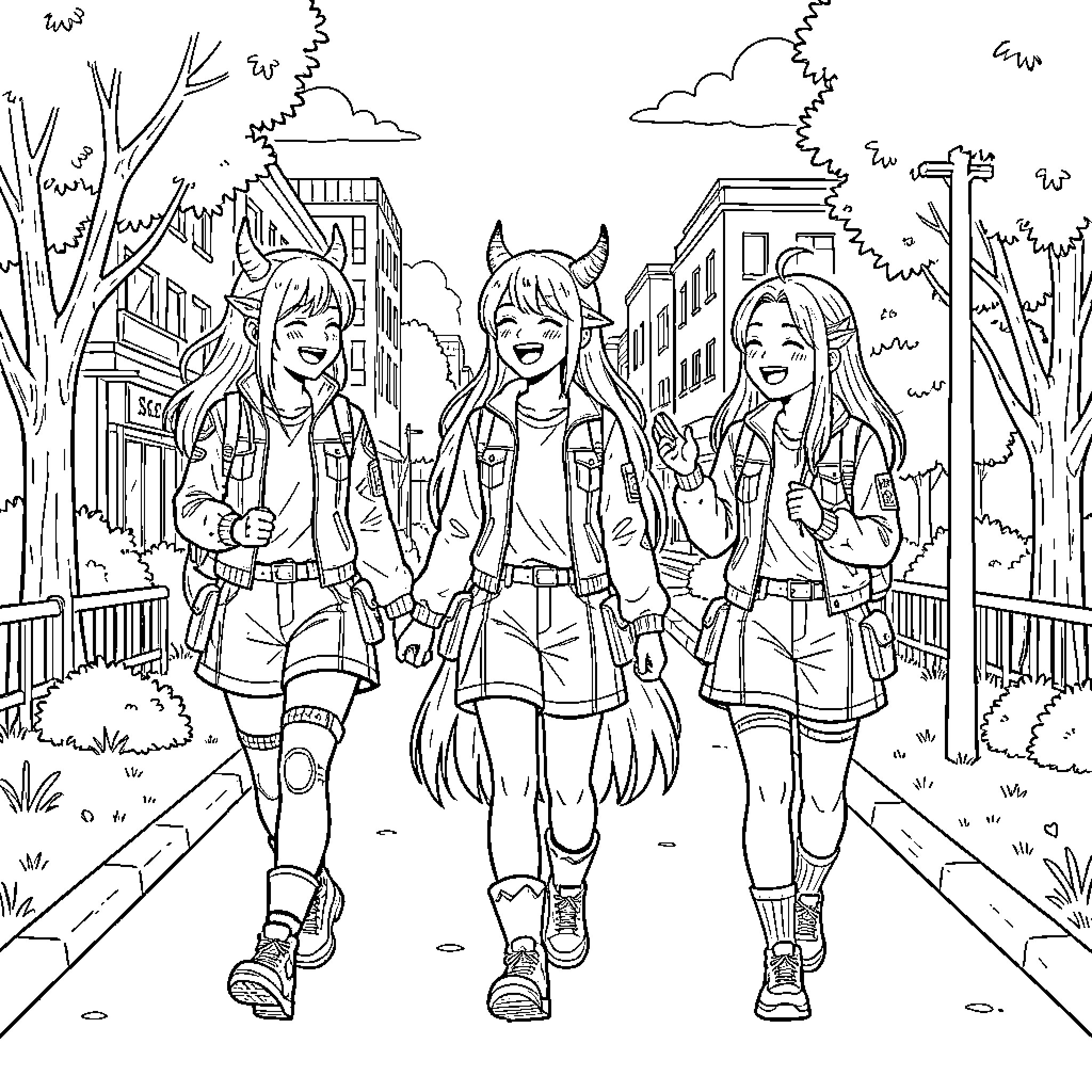 Kpop Demon Hunter girls walking and smiling together Coloring Page (free black-and-white line drawing printable PDF for all, from beginners to advanced learners, including children, teens, adults, and seniors)