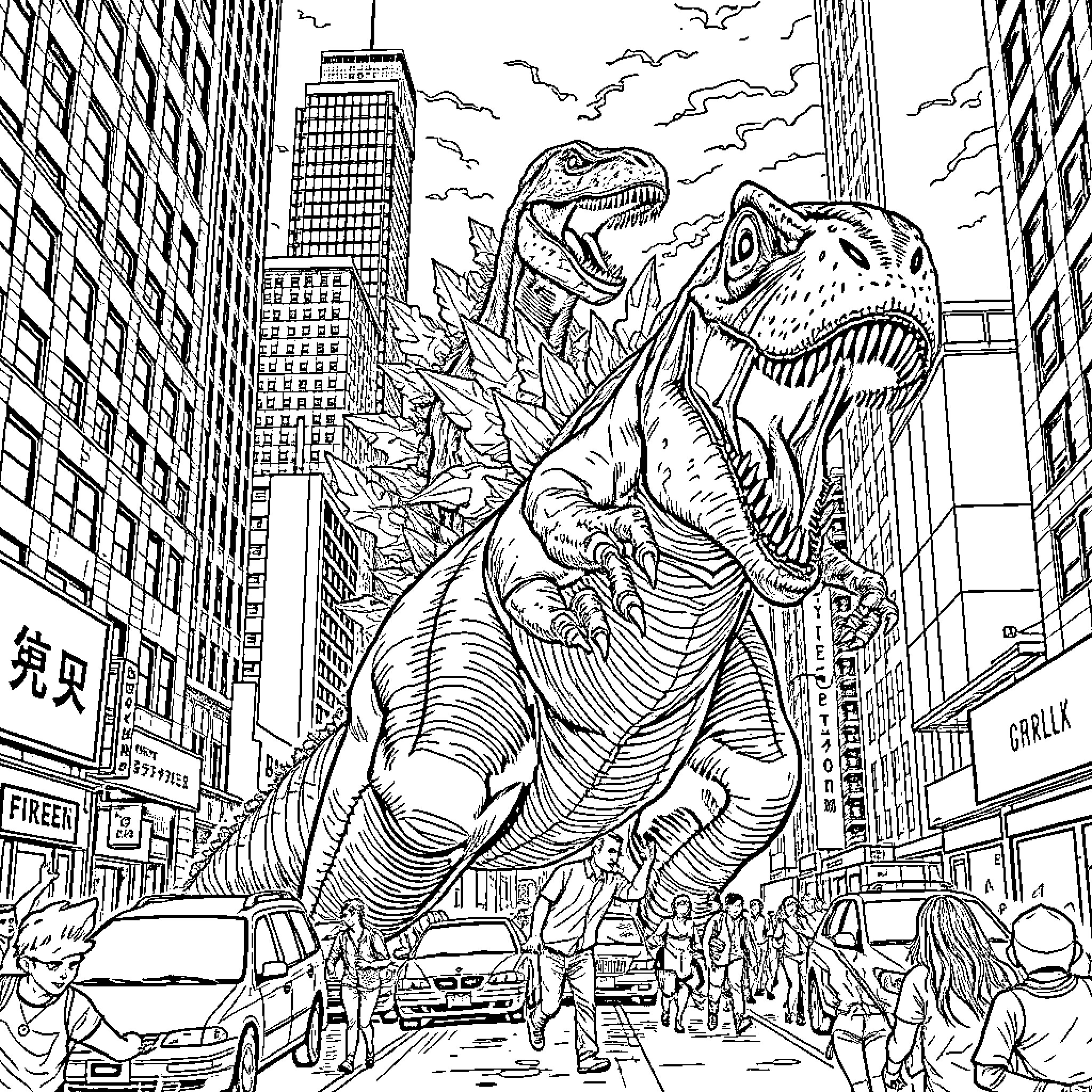 Godzilla rampaging through the bustling city Coloring Page (free black-and-white line drawing printable PDF for all, from beginners to advanced learners, including children, teens, adults, and seniors)