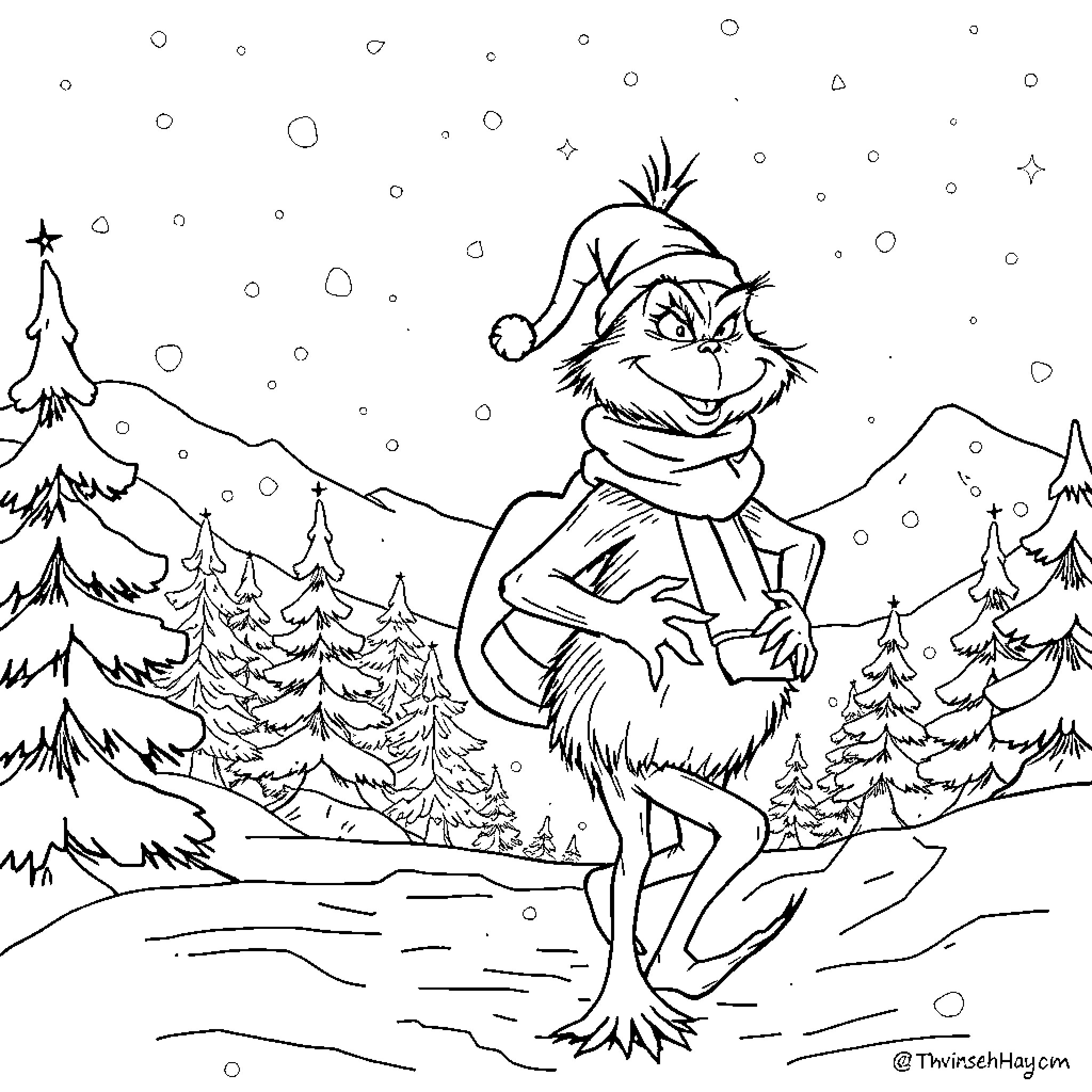 Grinch enjoying a snowy winter wonderland Coloring Page (free black-and-white line drawing printable PDF for all, from beginners to advanced learners, including children, teens, adults, and seniors)