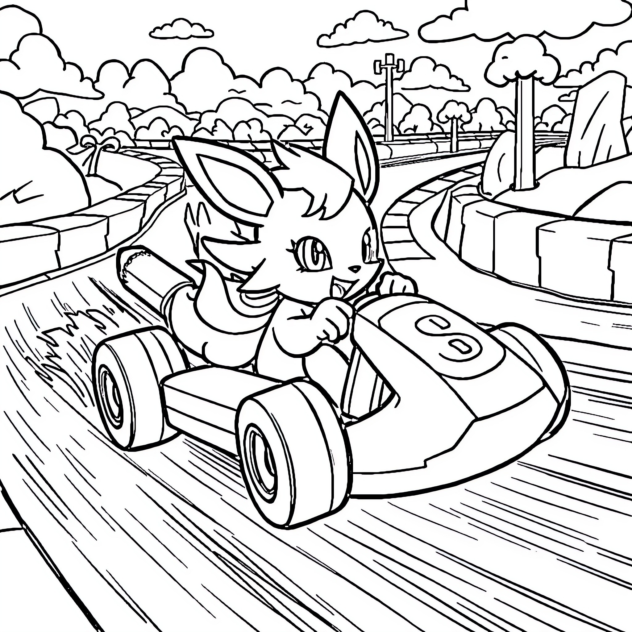 Jolteon racing through a whimsical landscape Coloring Page (free black-and-white line drawing printable PDF for all, from beginners to advanced learners, including children, teens, adults, and seniors)