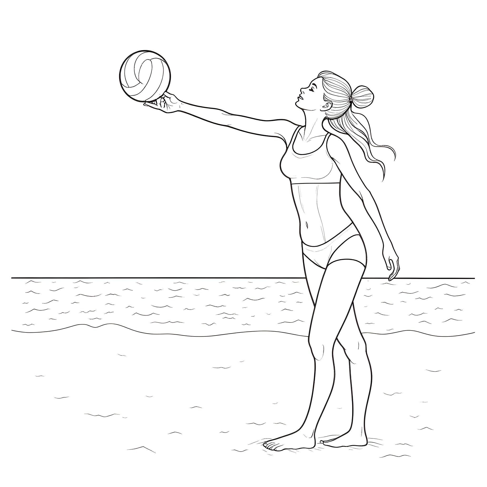 Lady playing with beach volleyball on the shore Coloring Page (free black-and-white line drawing printable PDF for all, from beginners to advanced learners, including children, teens, adults, and seniors)