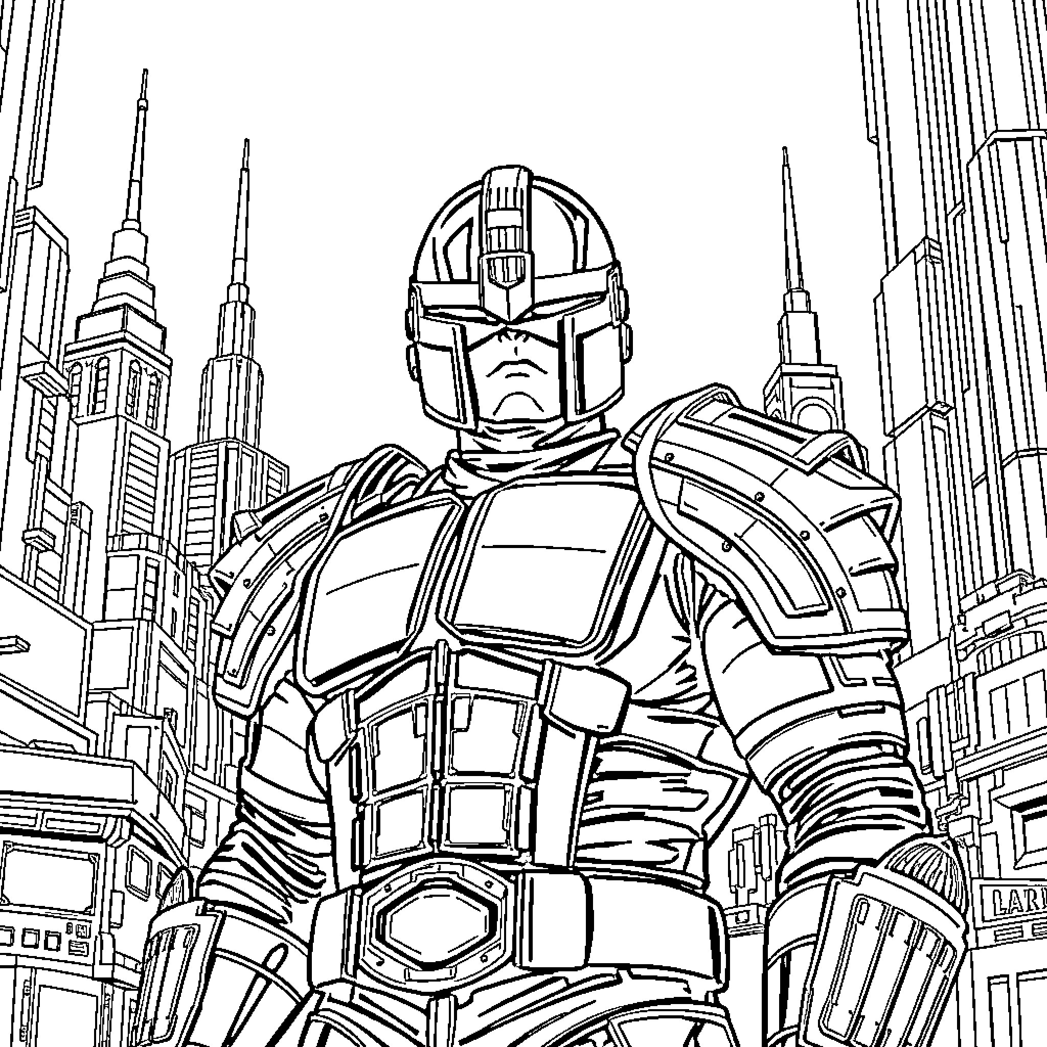Judge Dredd Enforcing Law in Futuristic Metropolis Coloring Page (free black-and-white line drawing printable PDF for all, from beginners to advanced learners, including children, teens, adults, and seniors)