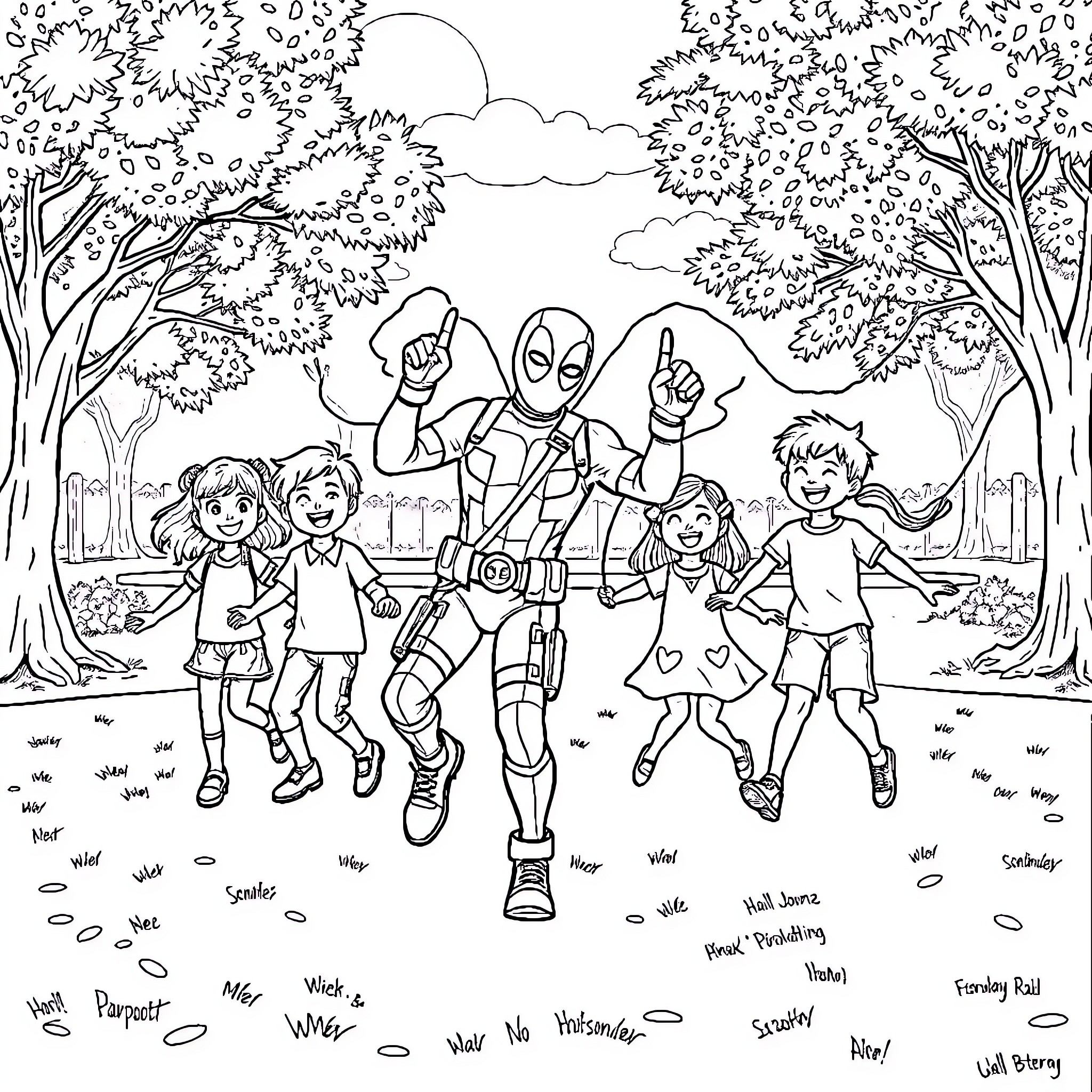 Deadpool and friends having fun in the forest Coloring Page (free black-and-white line drawing printable PDF for all, from beginners to advanced learners, including children, teens, adults, and seniors)