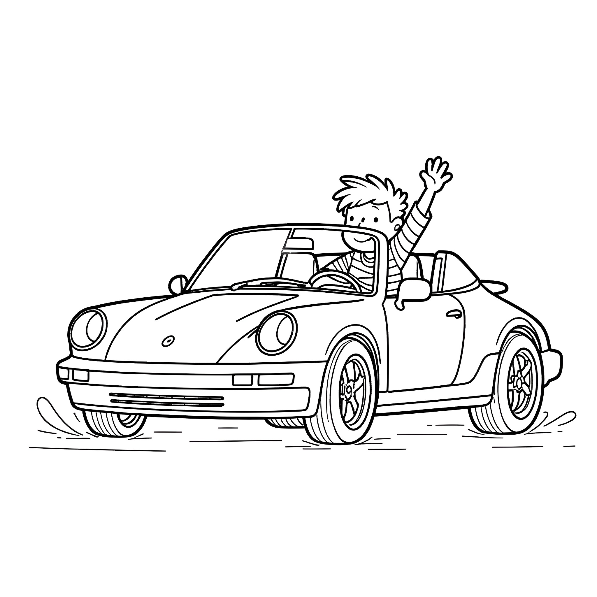 Calvin's Convertible Adventure Coloring Page (free black-and-white line drawing printable PDF for all, from beginners to advanced learners, including children, teens, adults, and seniors)