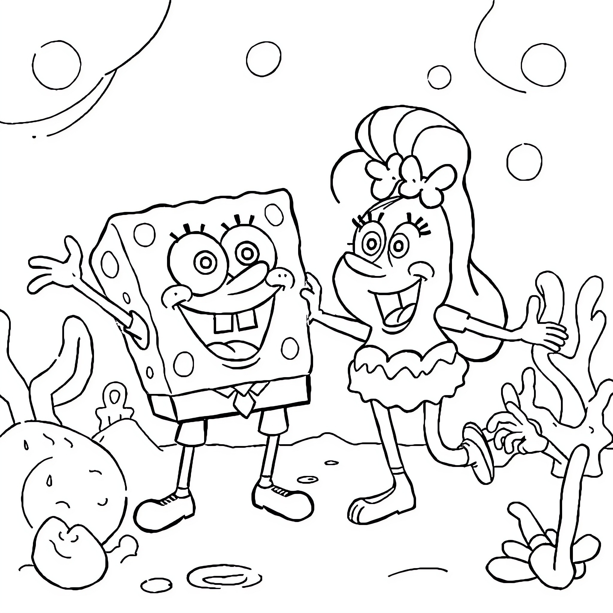 Spongebob and Sandy playing joyfully in the underwater Coloring Page (free black-and-white line drawing printable PDF for all, from beginners to advanced learners, including children, teens, adults, and seniors)