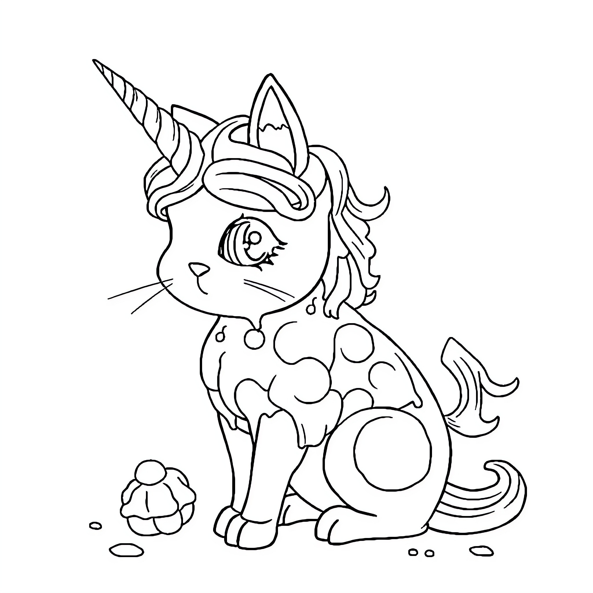 Cat unicorn in magical fantasy scene Coloring Page (free black-and-white line drawing printable PDF for all, from beginners to advanced learners, including children, teens, adults, and seniors)