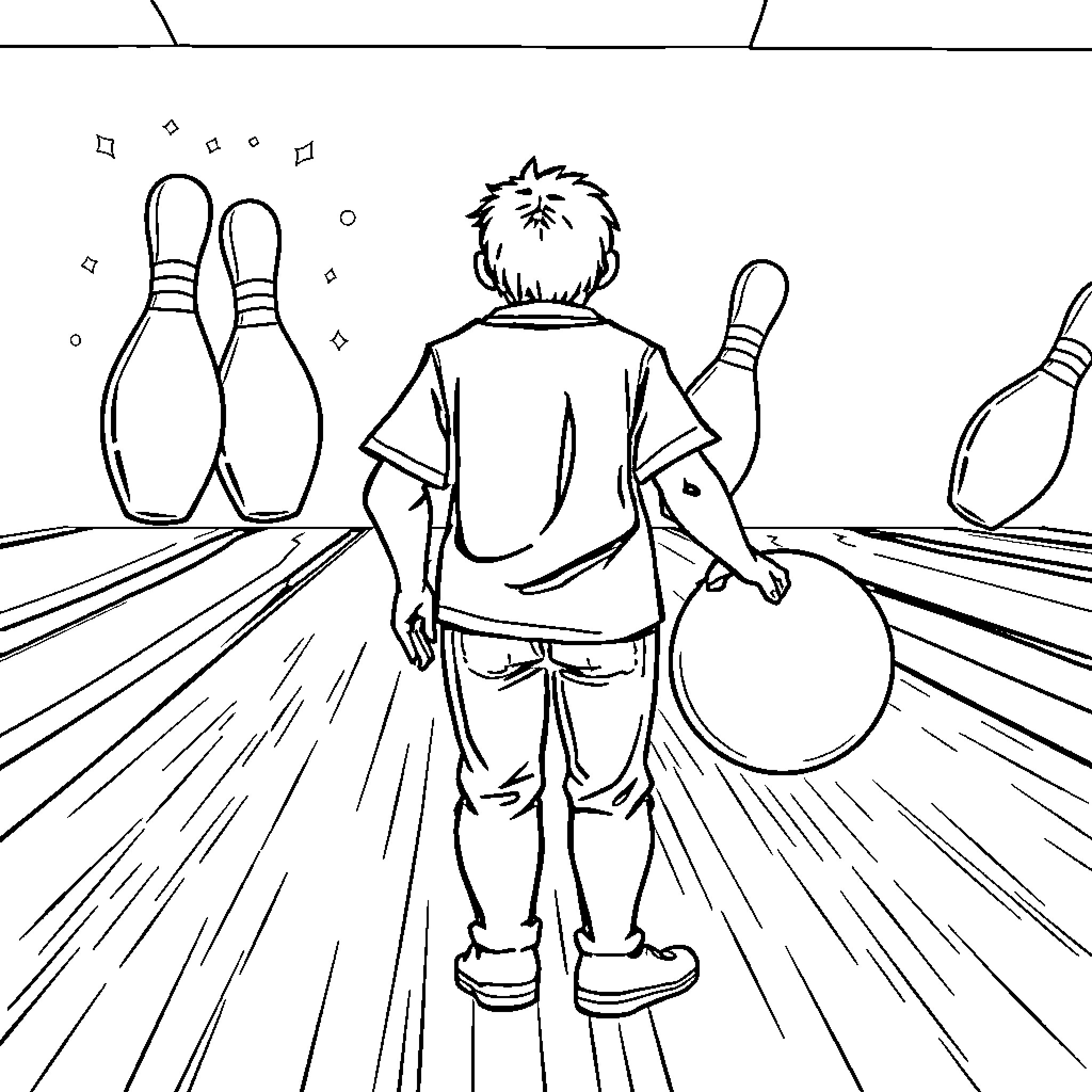 Bowler preparing for a strike on the bowling alley Coloring Page (free black-and-white line drawing printable PDF for all, from beginners to advanced learners, including children, teens, adults, and seniors)