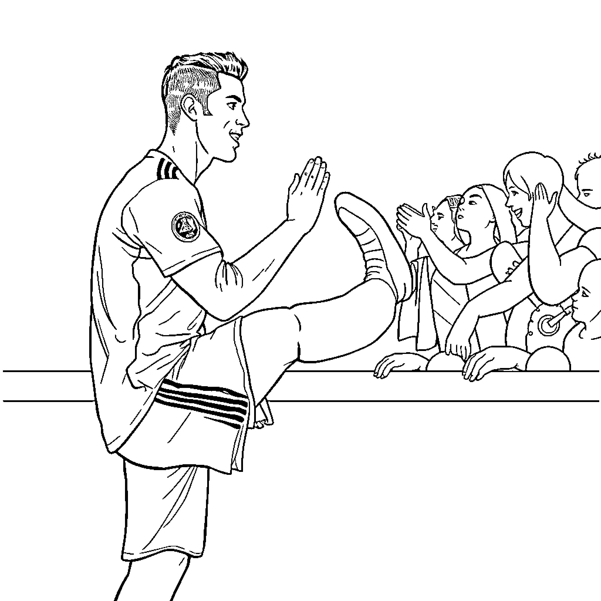 Ronaldo Celebrates with Teammates After Winning Match Coloring Page (free black-and-white line drawing printable PDF for all, from beginners to advanced learners, including children, teens, adults, and seniors)
