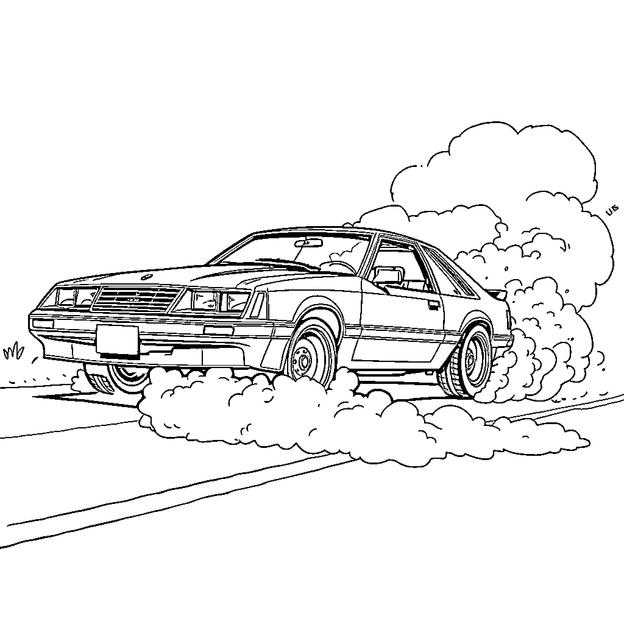 Mustang car speeding through the clouds Coloring Page (free black-and-white line drawing printable PDF for all, from beginners to advanced learners, including children, teens, adults, and seniors)
