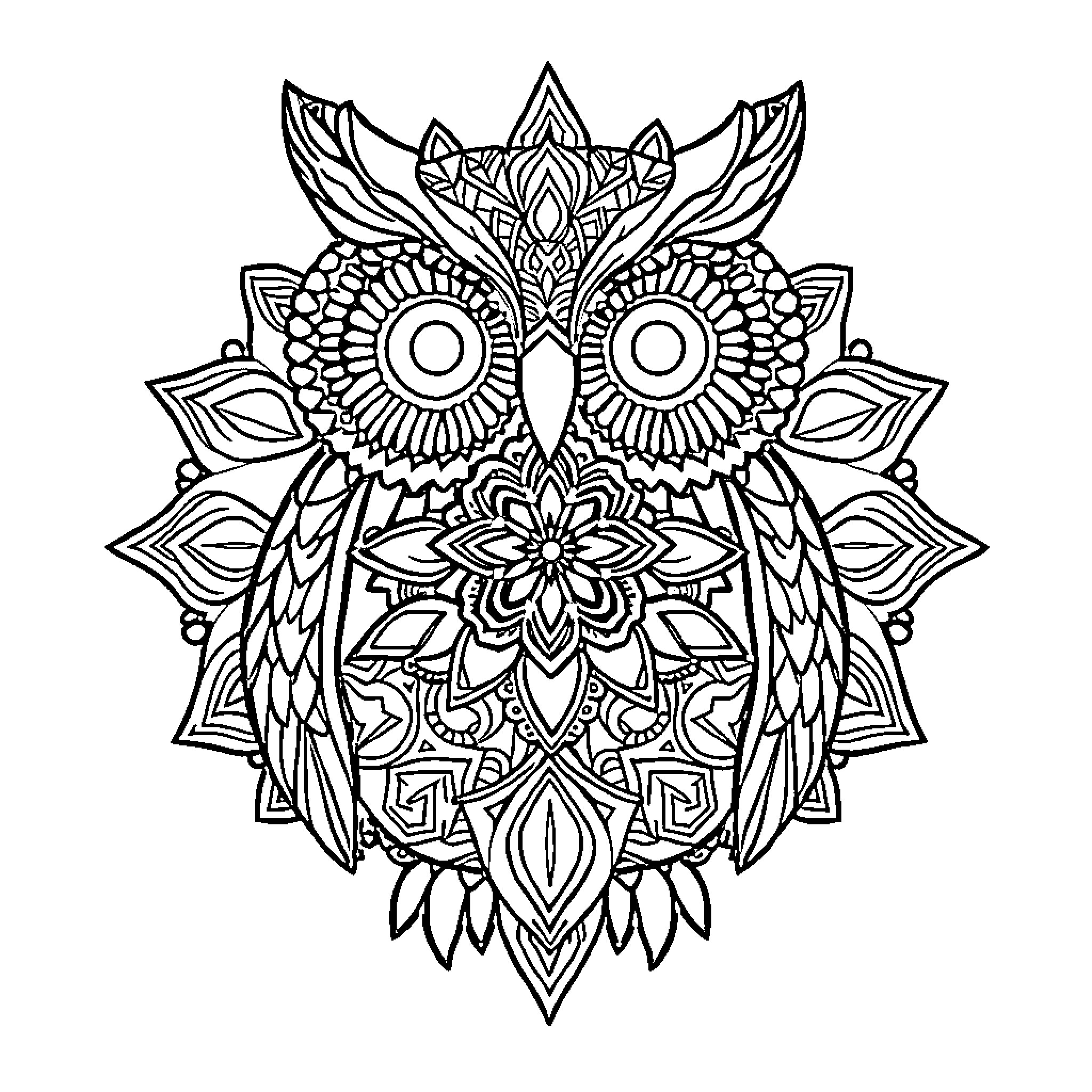 Owl with intricate mandala design Coloring Page (free black-and-white line drawing printable PDF for all, from beginners to advanced learners, including children, teens, adults, and seniors)