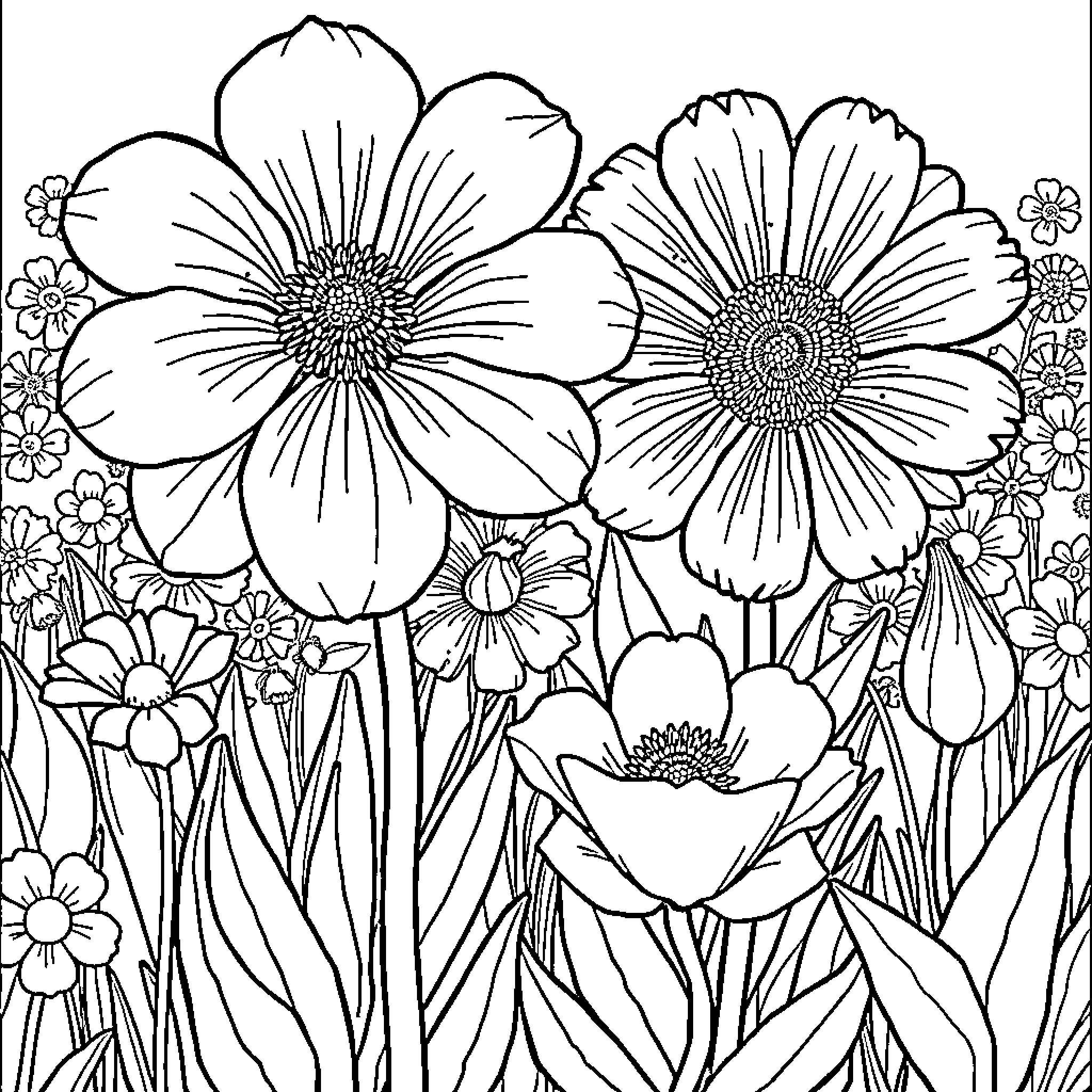 Flower field with blooming floral details Coloring Page (free black-and-white line drawing printable PDF for all, from beginners to advanced learners, including children, teens, adults, and seniors)