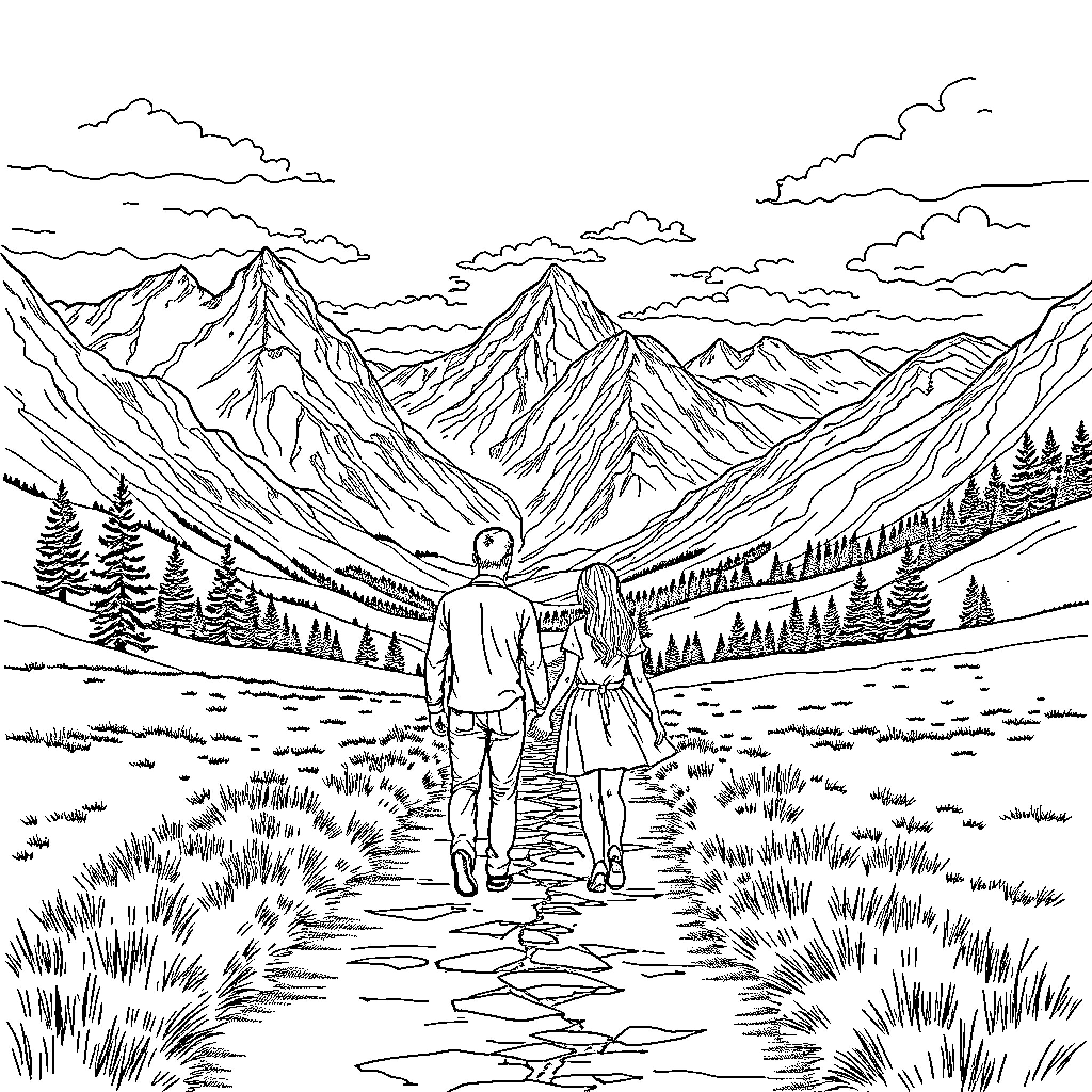 Couple exploring scenic mountain landscape Coloring Page (free black-and-white line drawing printable PDF for all, from beginners to advanced learners, including children, teens, adults, and seniors)