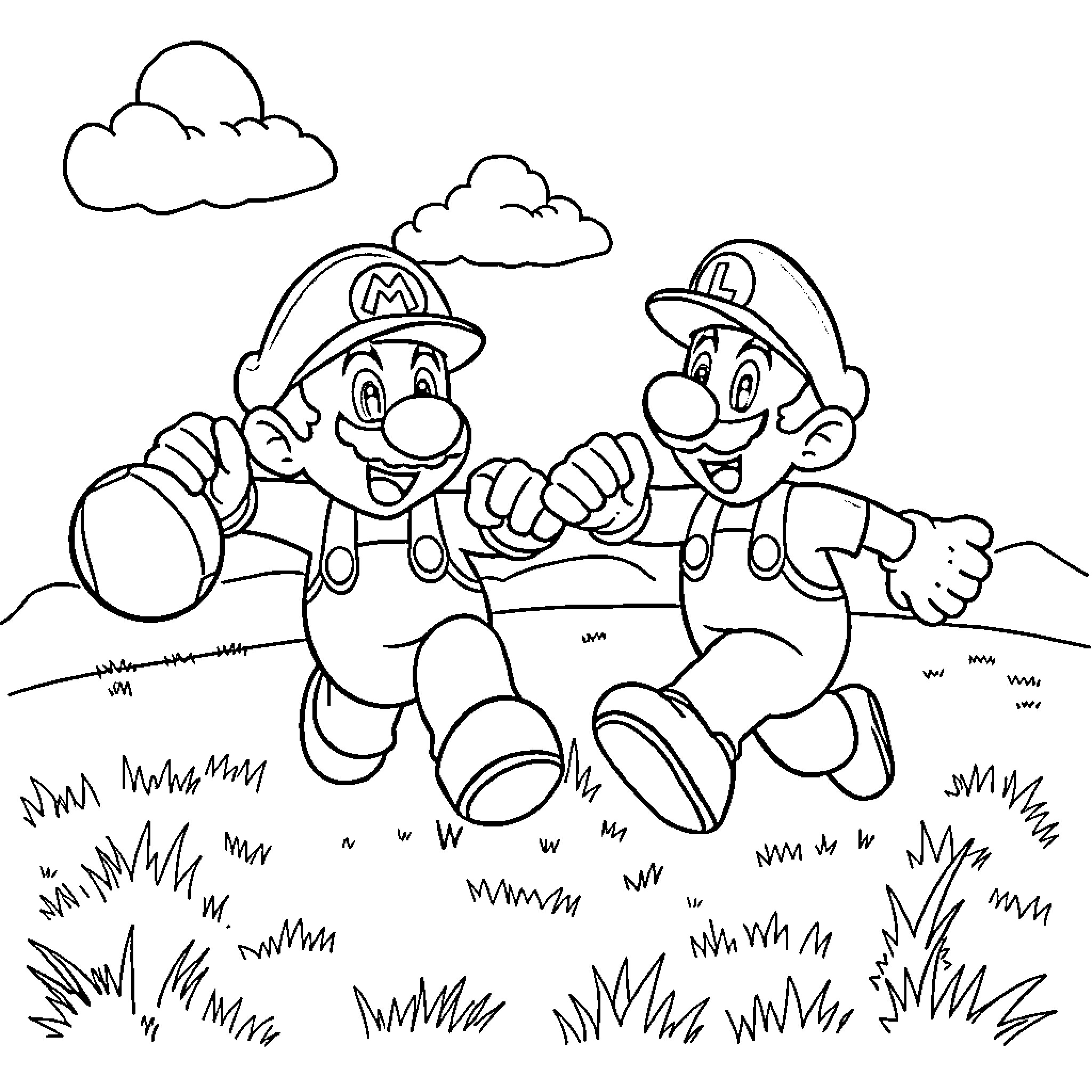 Mario and Luigi enjoying an outdoor adventure Coloring Page (free black-and-white line drawing printable PDF for all, from beginners to advanced learners, including children, teens, adults, and seniors)