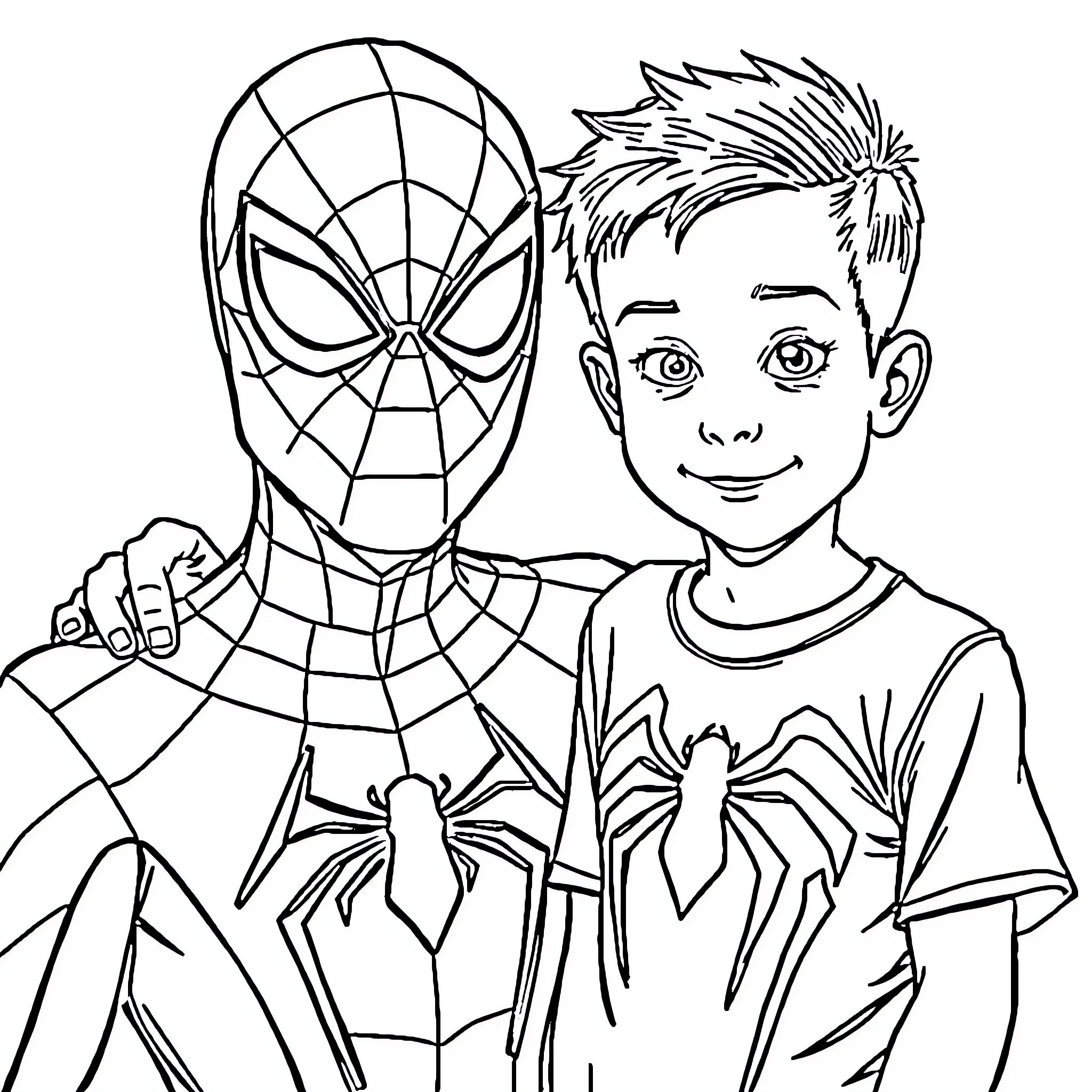Spiderman and a young boy in a friendly adventure Coloring Page (free black-and-white line drawing printable PDF for all, from beginners to advanced learners, including children, teens, adults, and seniors)