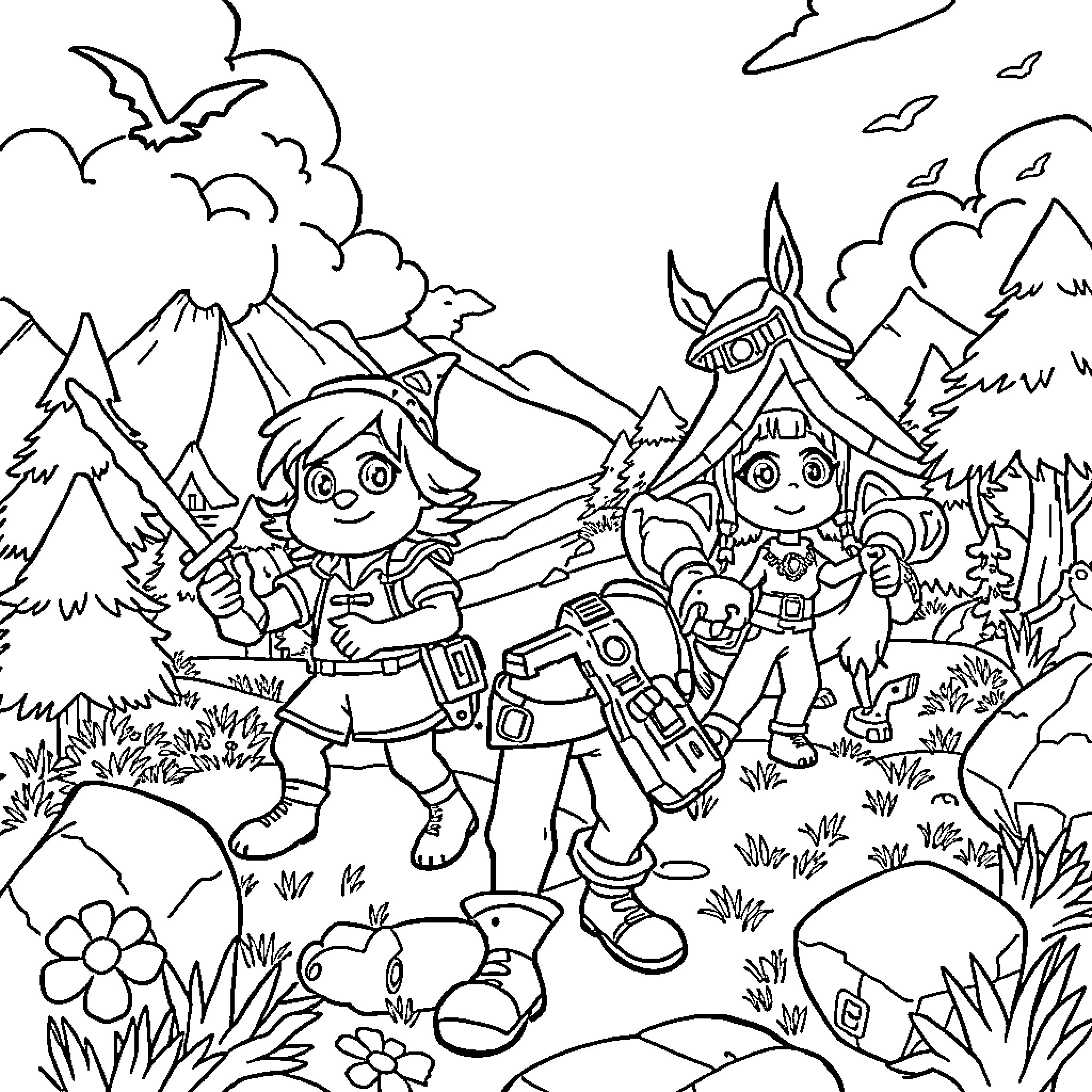 Huntrix Adventurers Exploring the Enchanted Wilderness Coloring Page (free black-and-white line drawing printable PDF for all, from beginners to advanced learners, including children, teens, adults, and seniors)