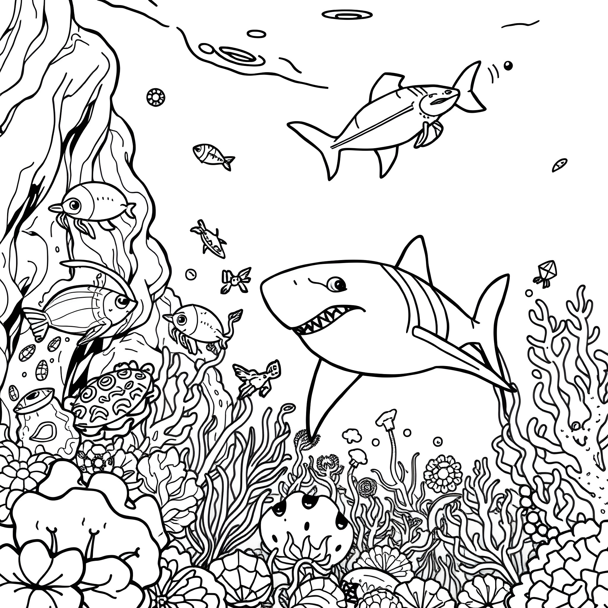 Sea Creature Underwater Adventure Coloring Page (free black-and-white line drawing printable PDF for all, from beginners to advanced learners, including children, teens, adults, and seniors)