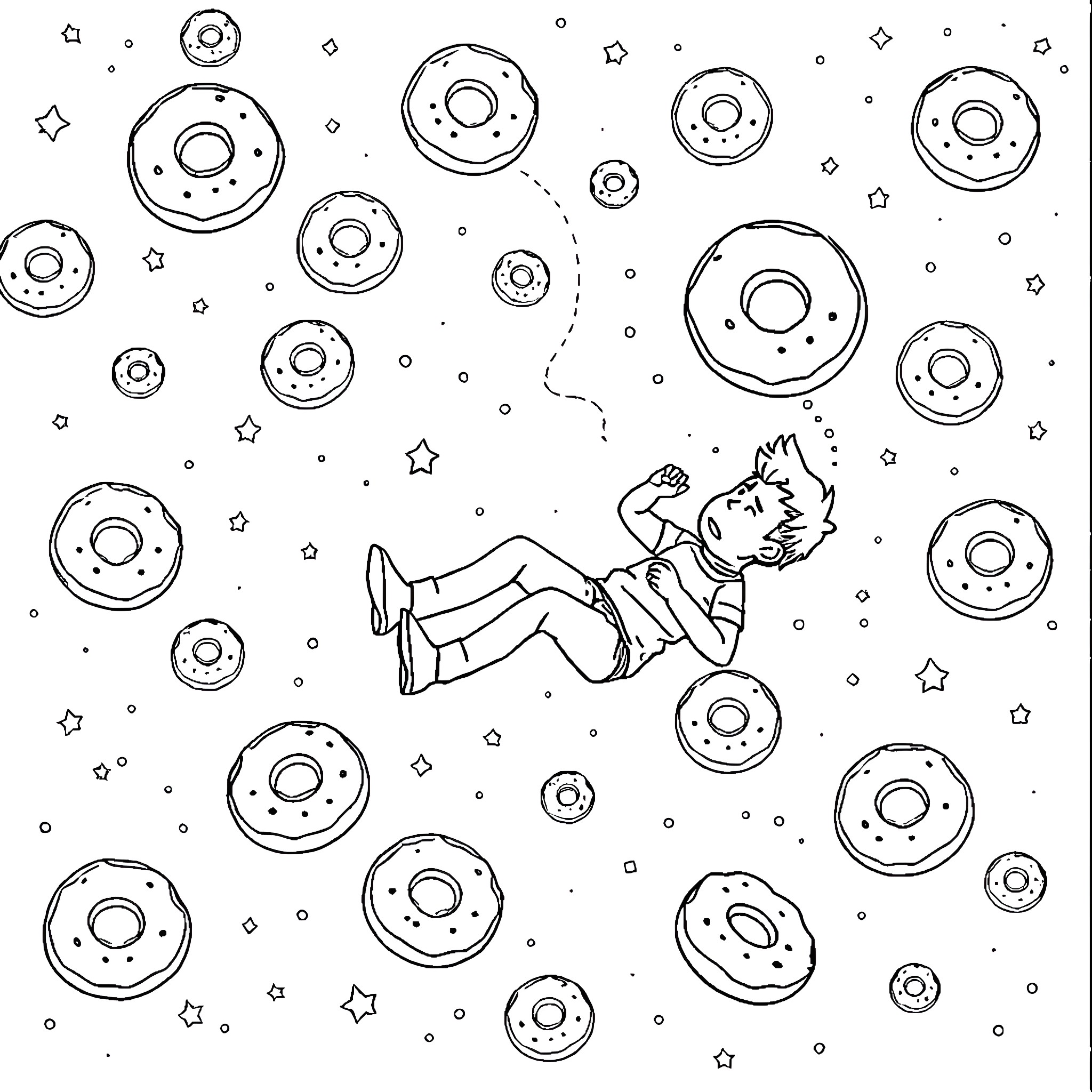 Dude dreaming of delightful donuts in the dark Coloring Page (free black-and-white line drawing printable PDF for all, from beginners to advanced learners, including children, teens, adults, and seniors)