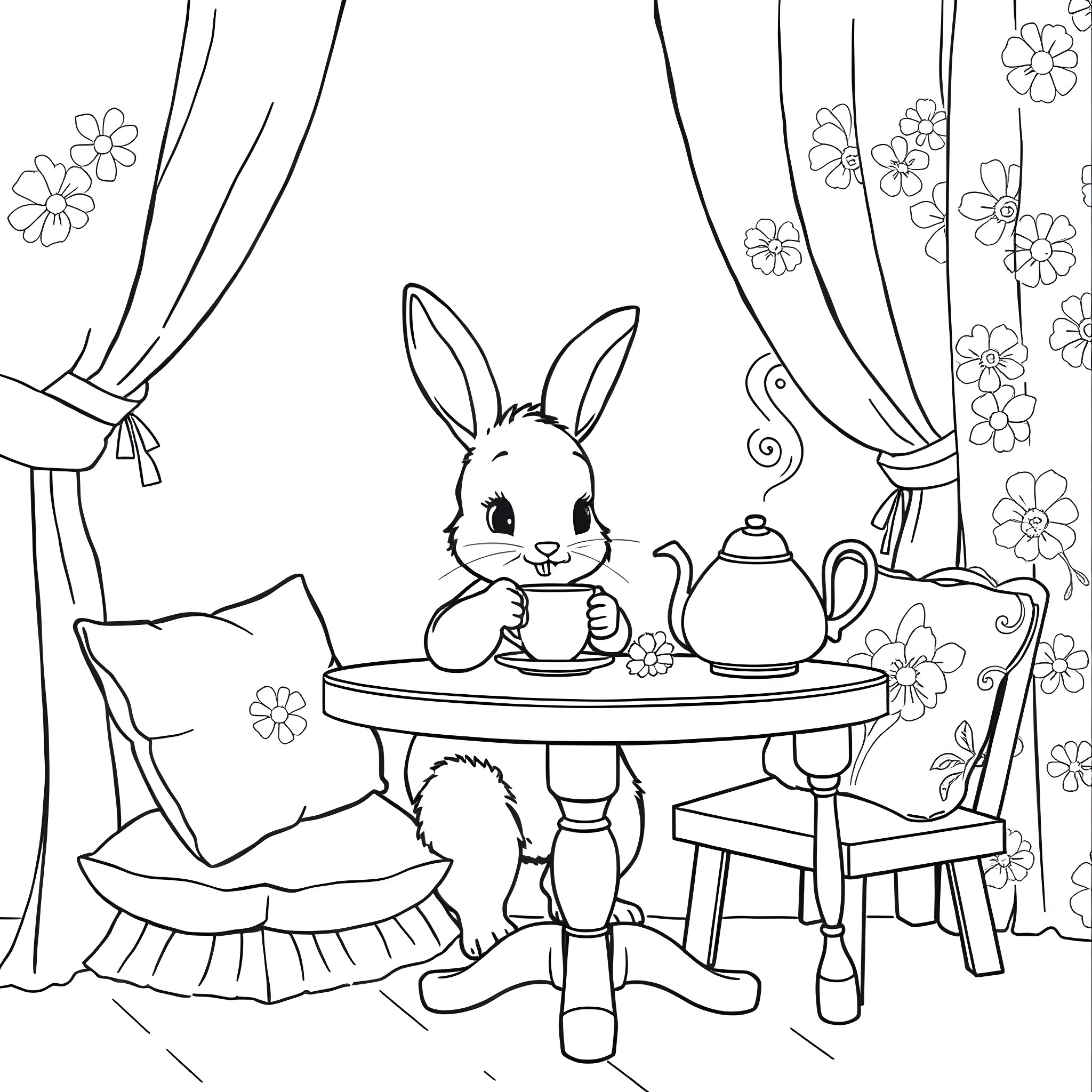 Rabbit enjoying tea time in a cozy setting Coloring Page (free black-and-white line drawing printable PDF for all, from beginners to advanced learners, including children, teens, adults, and seniors)