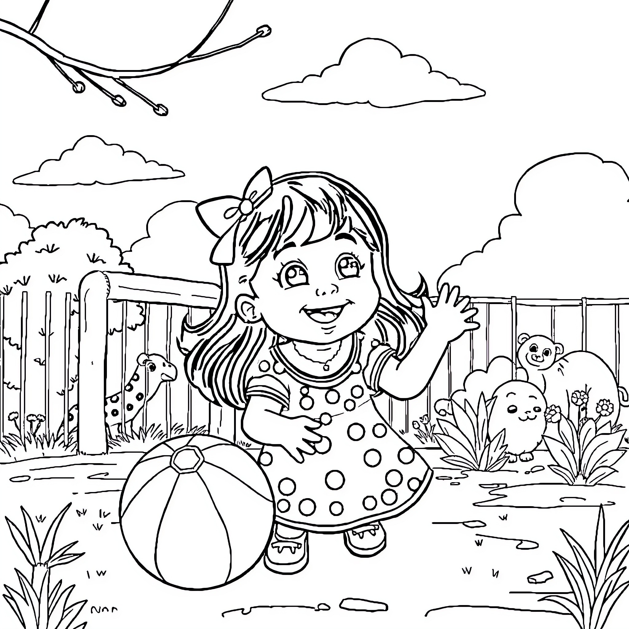 Nitya's Playful Outdoor Adventure Coloring Page (free black-and-white line drawing printable PDF for all, from beginners to advanced learners, including children, teens, adults, and seniors)
