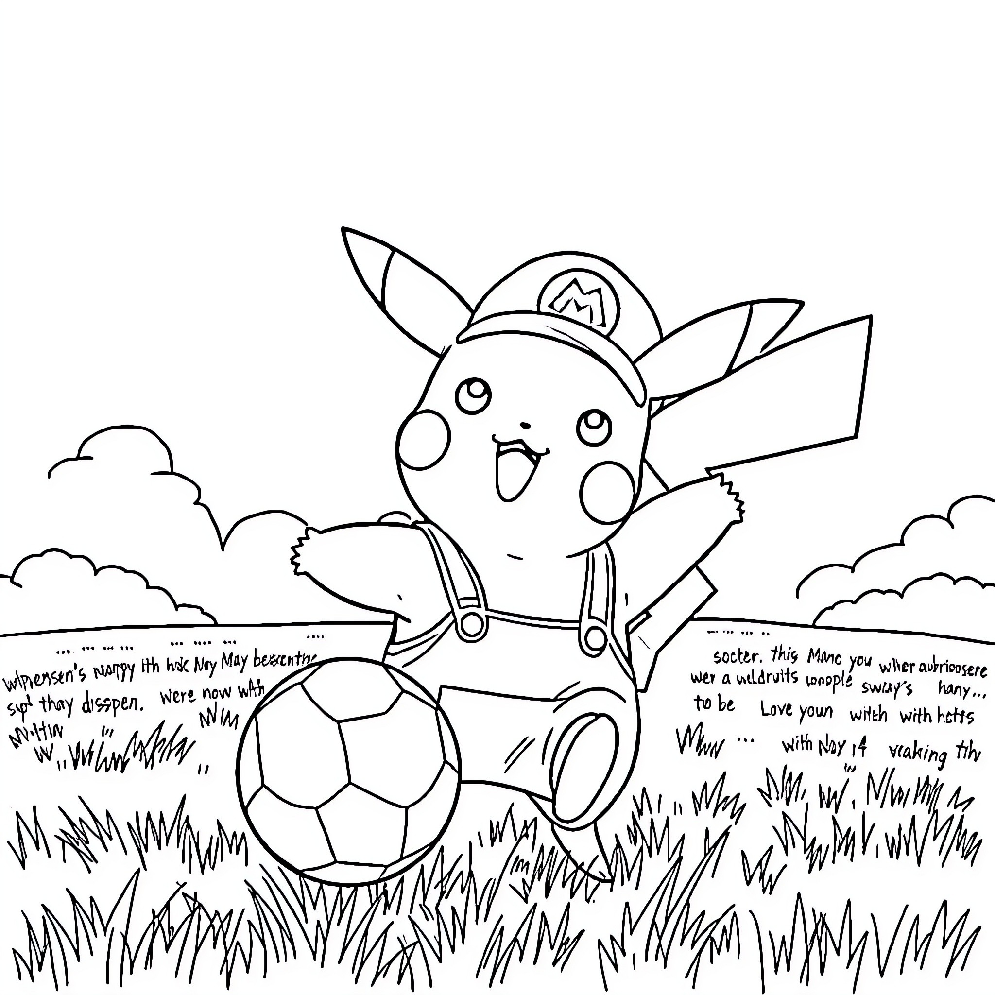 Pikachu playing in the grassy field Coloring Page (free black-and-white line drawing printable PDF for all, from beginners to advanced learners, including children, teens, adults, and seniors)
