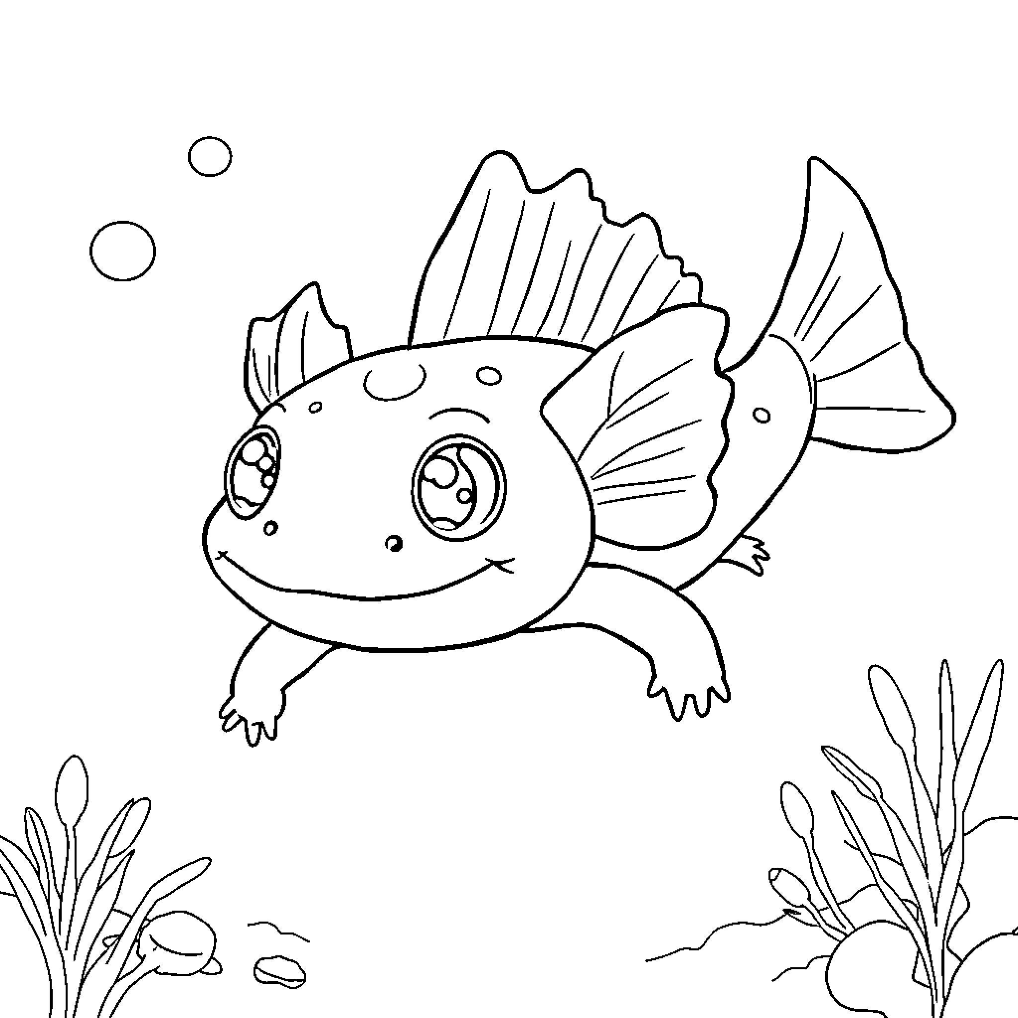 Axolotl swimming cheerfully underwater Coloring Page (free black-and-white line drawing printable PDF for all, from beginners to advanced learners, including children, teens, adults, and seniors)