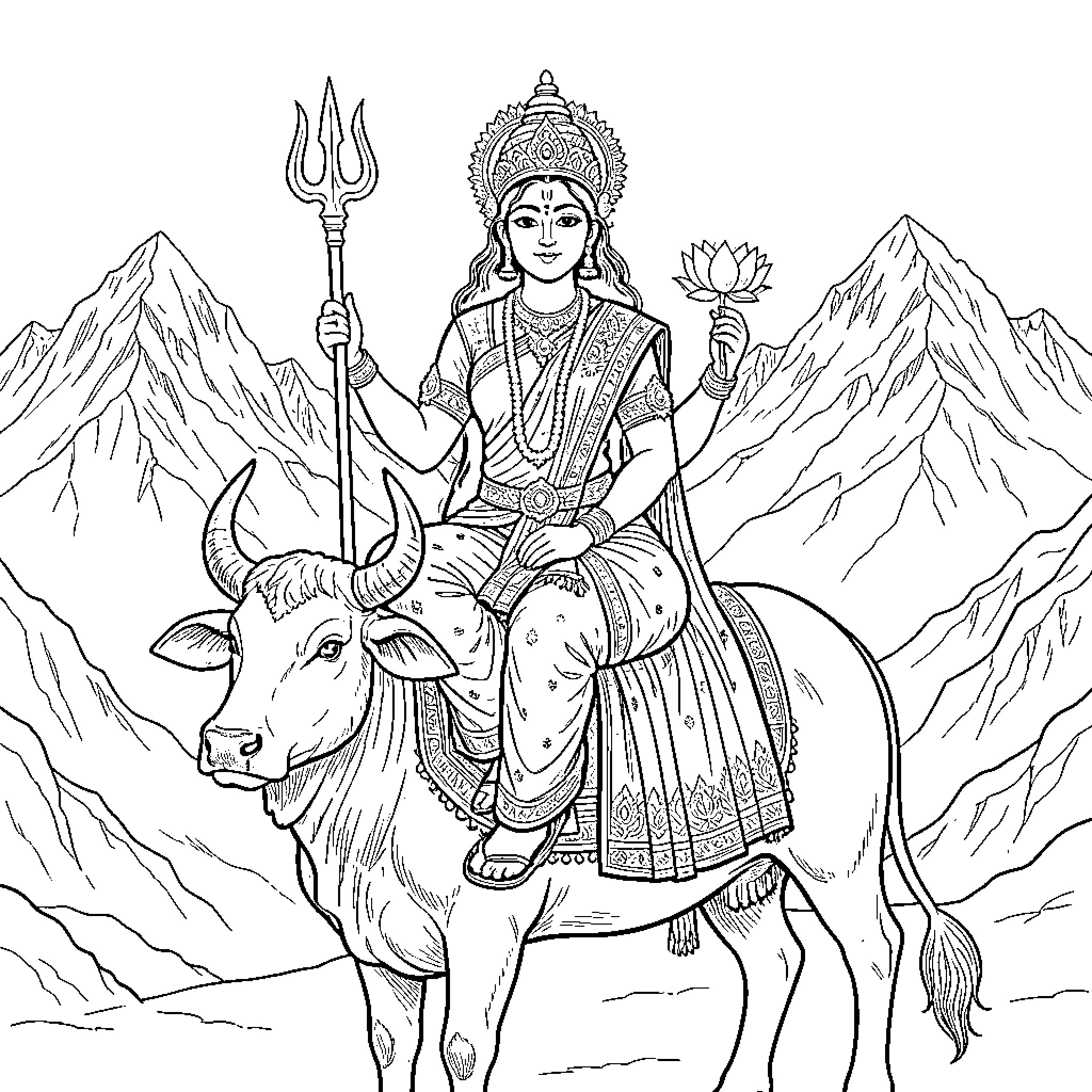 Goddess Riding a Majestic Bull in the Mountains Coloring Page (free black-and-white line drawing printable PDF for all, from beginners to advanced learners, including children, teens, adults, and seniors)